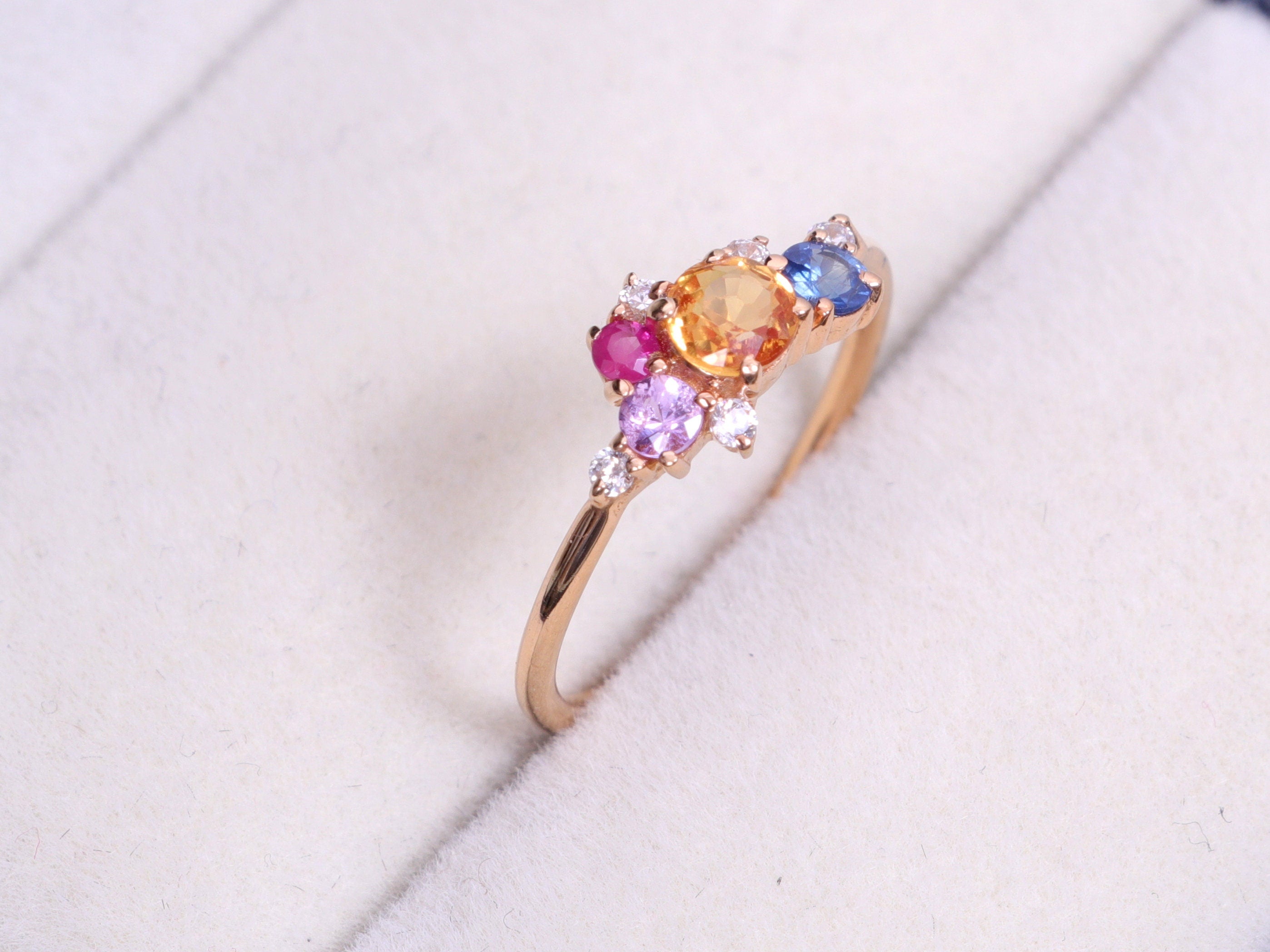 9k/14k Solid Gold Multi Sapphire Cluster Engagement Ring | Sapphire & Diamond Ring -