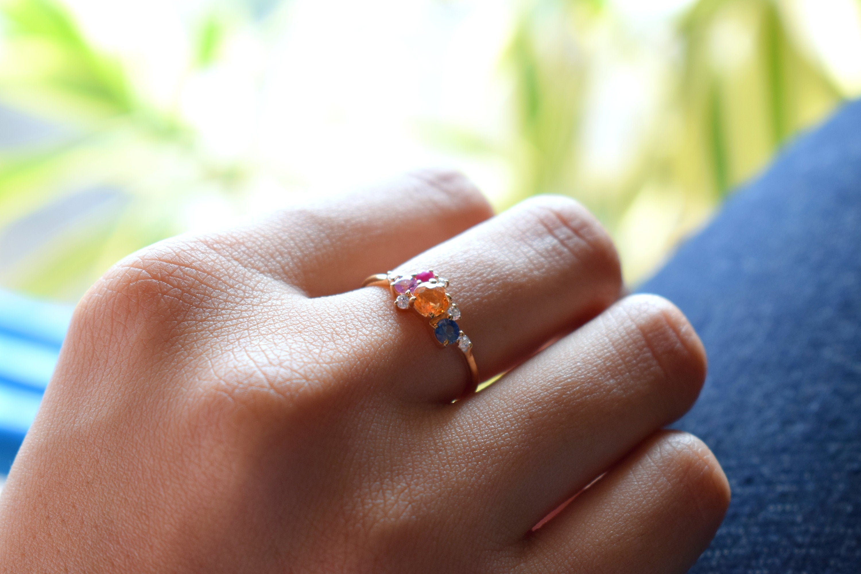 9k/14k Solid Gold Multi Sapphire Cluster Engagement Ring | Sapphire & Diamond Ring -