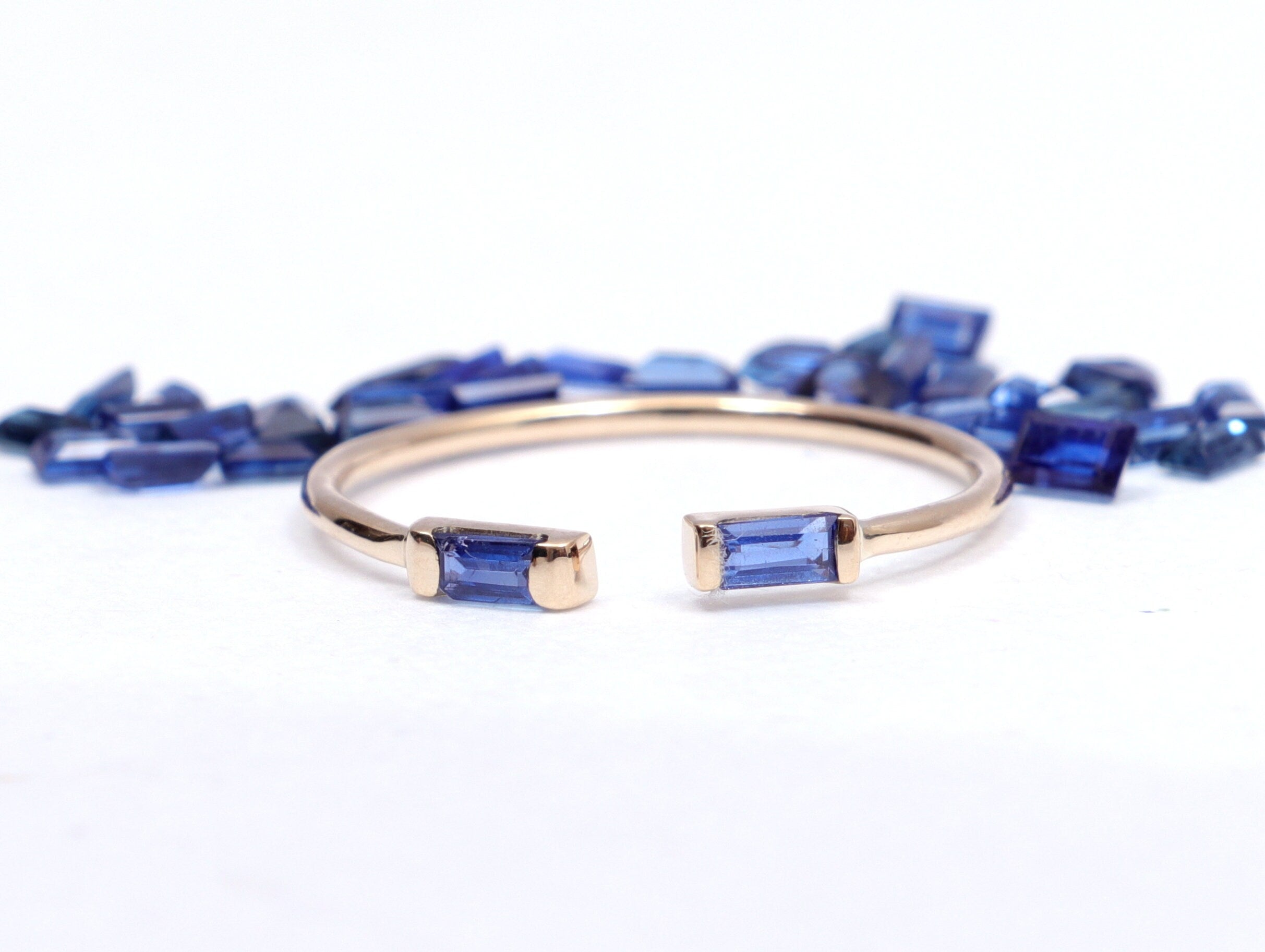 Solid Gold Blue Sapphire Baguette Ring | Sapphire Stacking Ring -