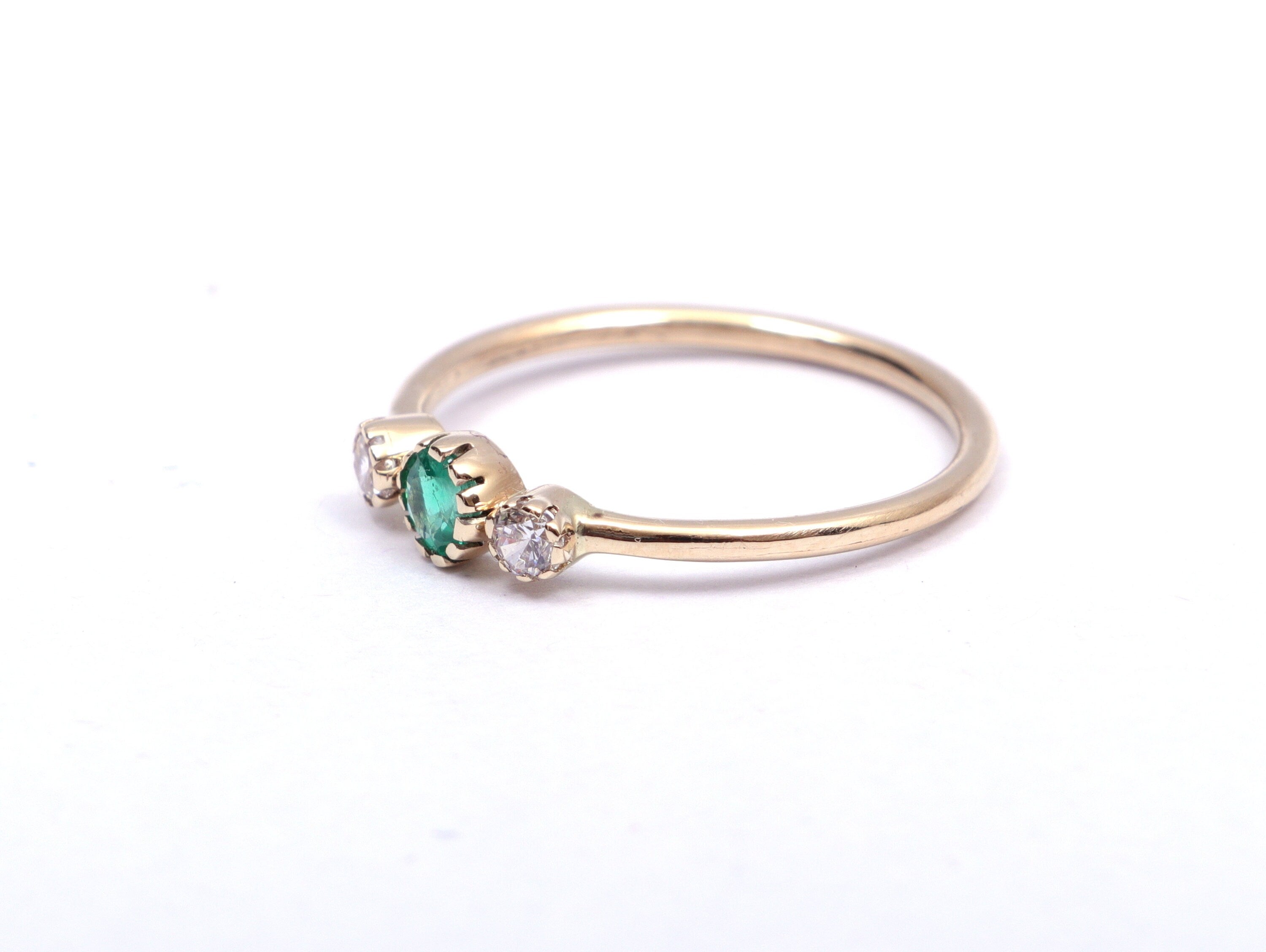 Emerald & Diamond Stacking Ring | Dainty Minimalist Diamond Ring -