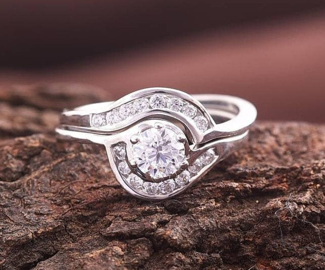 Moissanite Engagement Ring Set | Alternative Engagement Ring | Gold Diamond Engagement Ring -