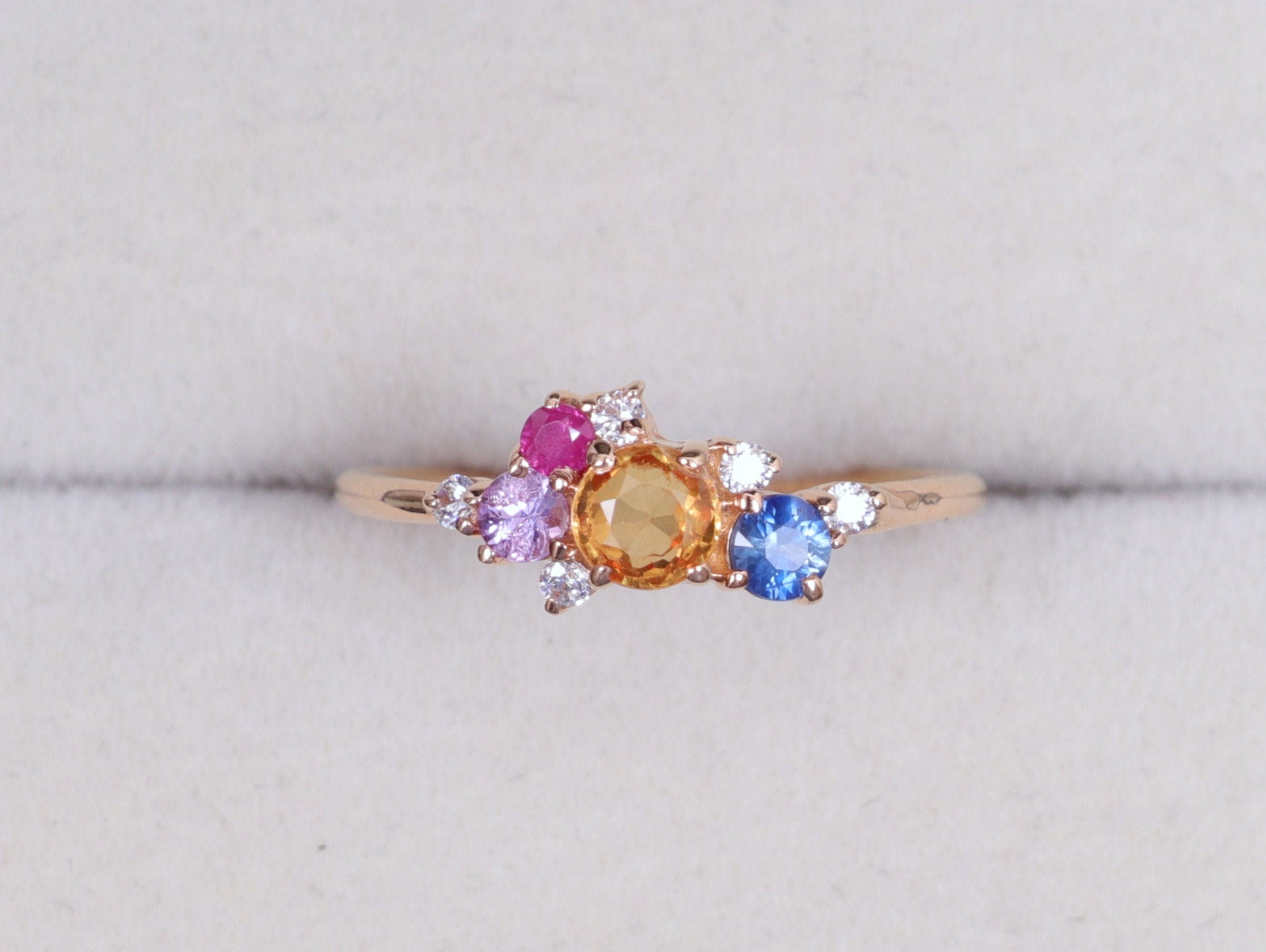 14k Solid Gold Multi Sapphire Cluster Engagement Ring | Sapphire & Diamond Ring -
