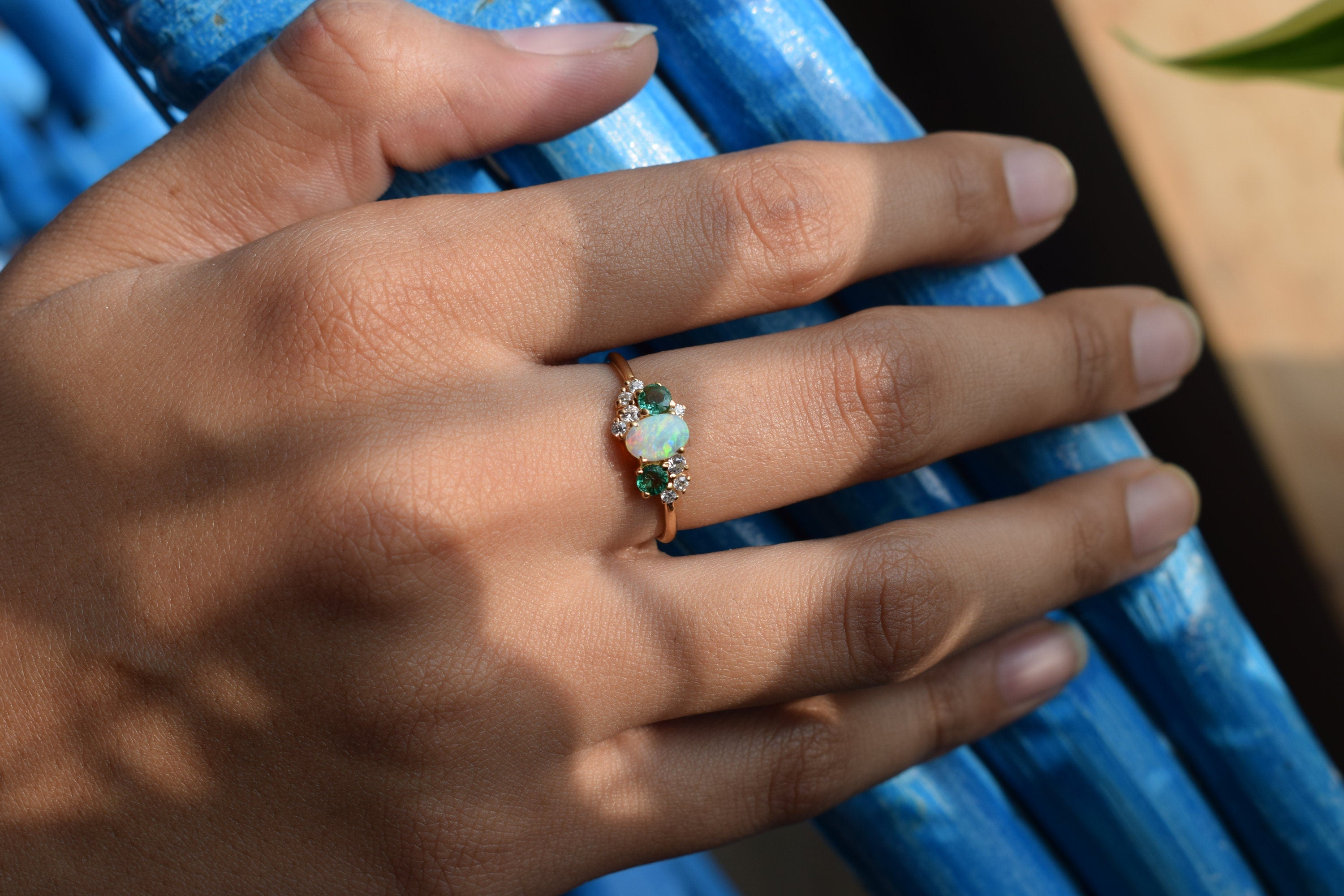 Opal and Emerald Cluster Engagement Ring | Diamond Opal Cluster Ring | Engagement Ring -