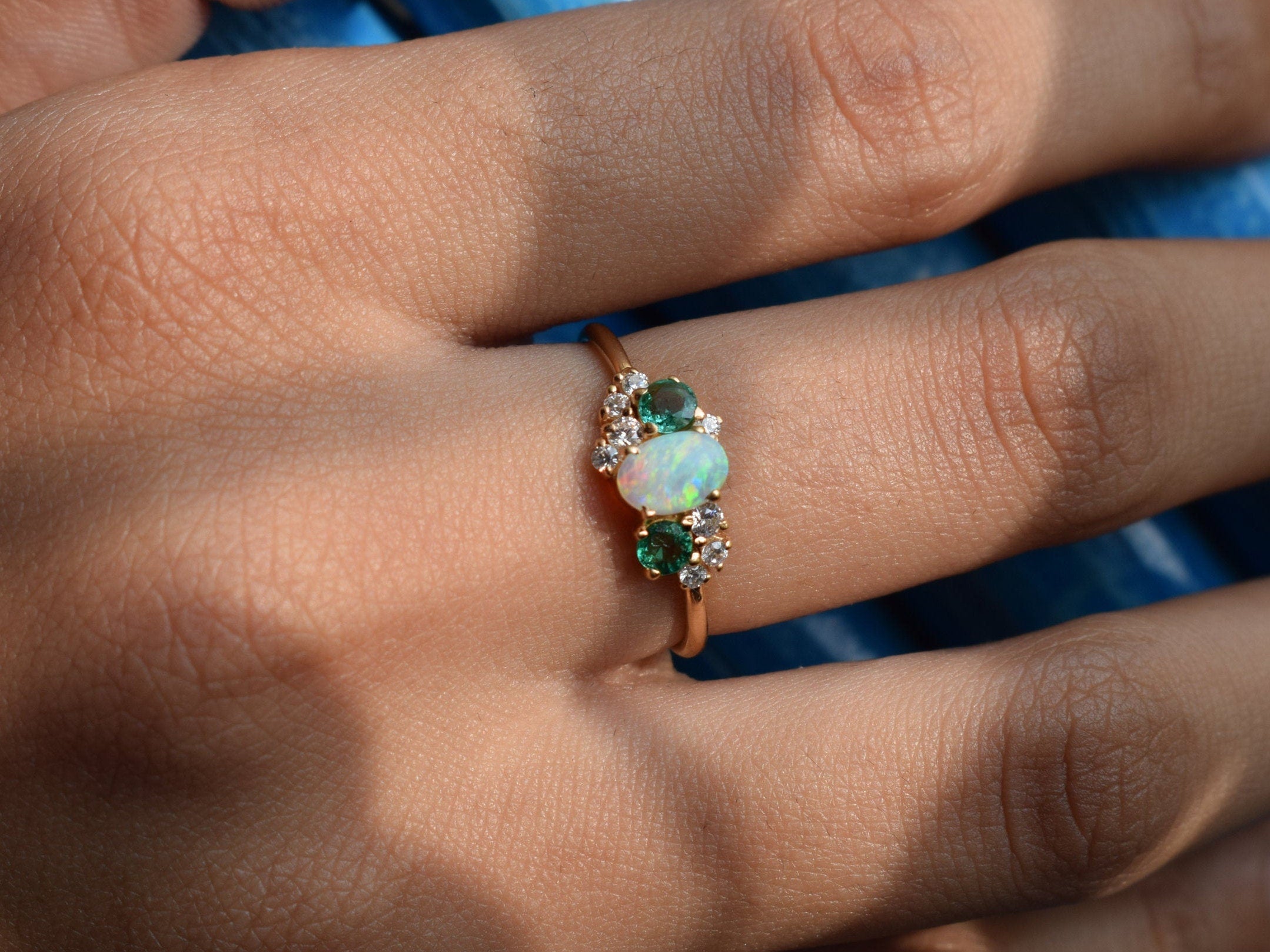 Opal and Emerald Cluster Engagement Ring | Australian Opal & Emerald Diamond Ring -