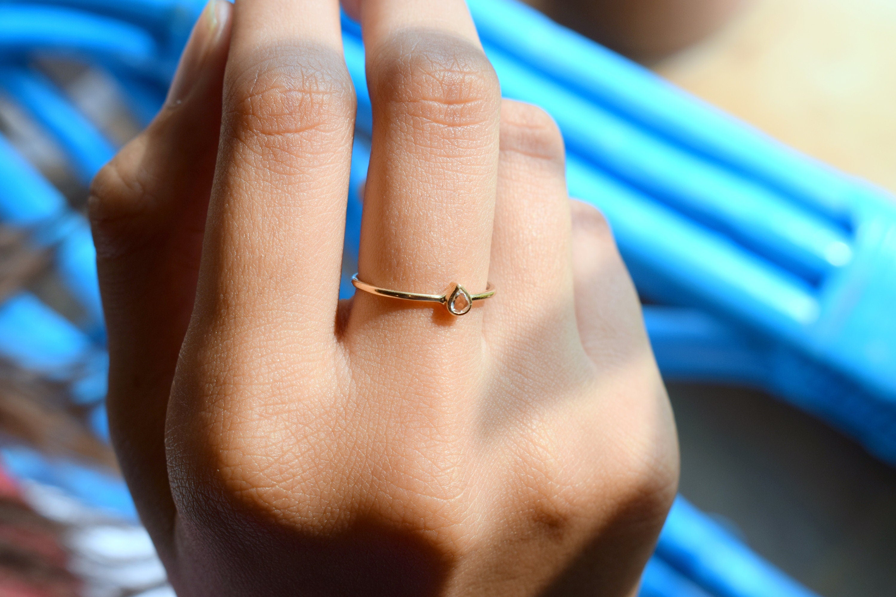 Pear Diamond Ring | 9k/14k/18k Rose Cut Diamond Ring | Dainty Stacking Ring -