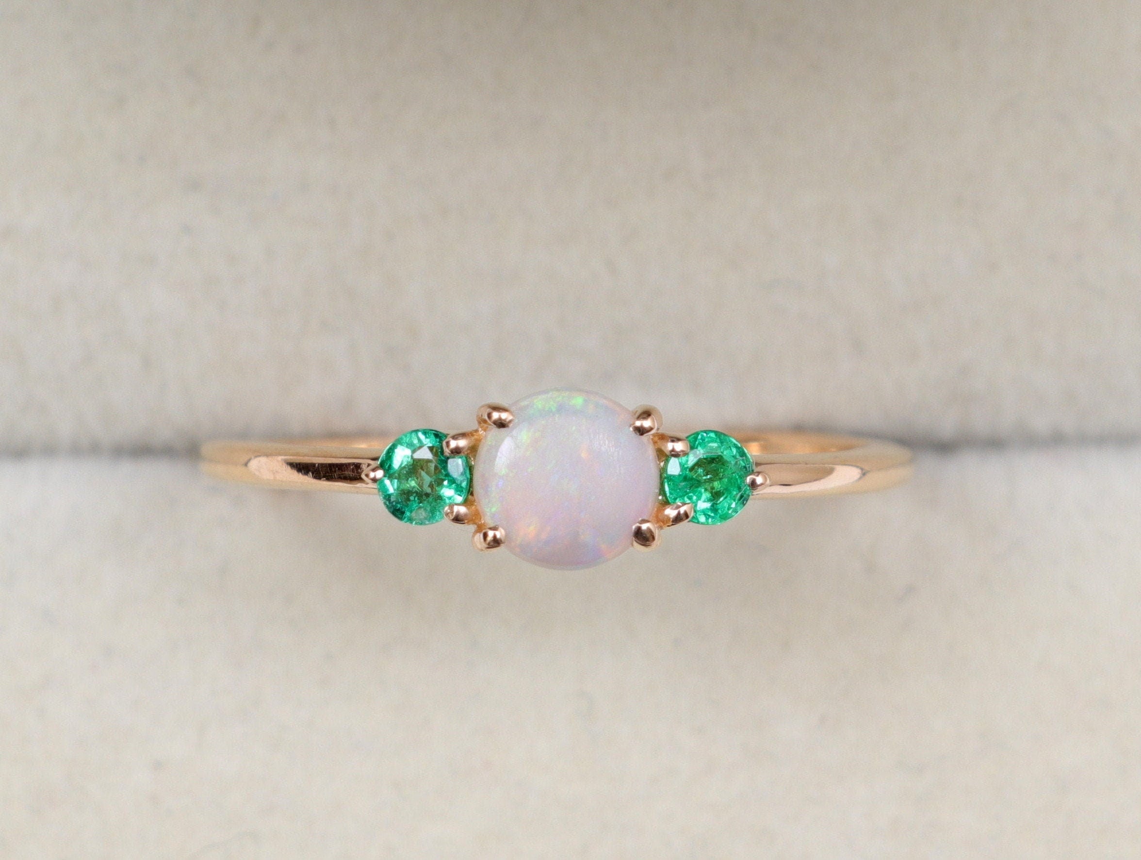 Opal Engagement Ring | Australian Opal and Emerald Ring | Three-Stone June Birthstone Ring -