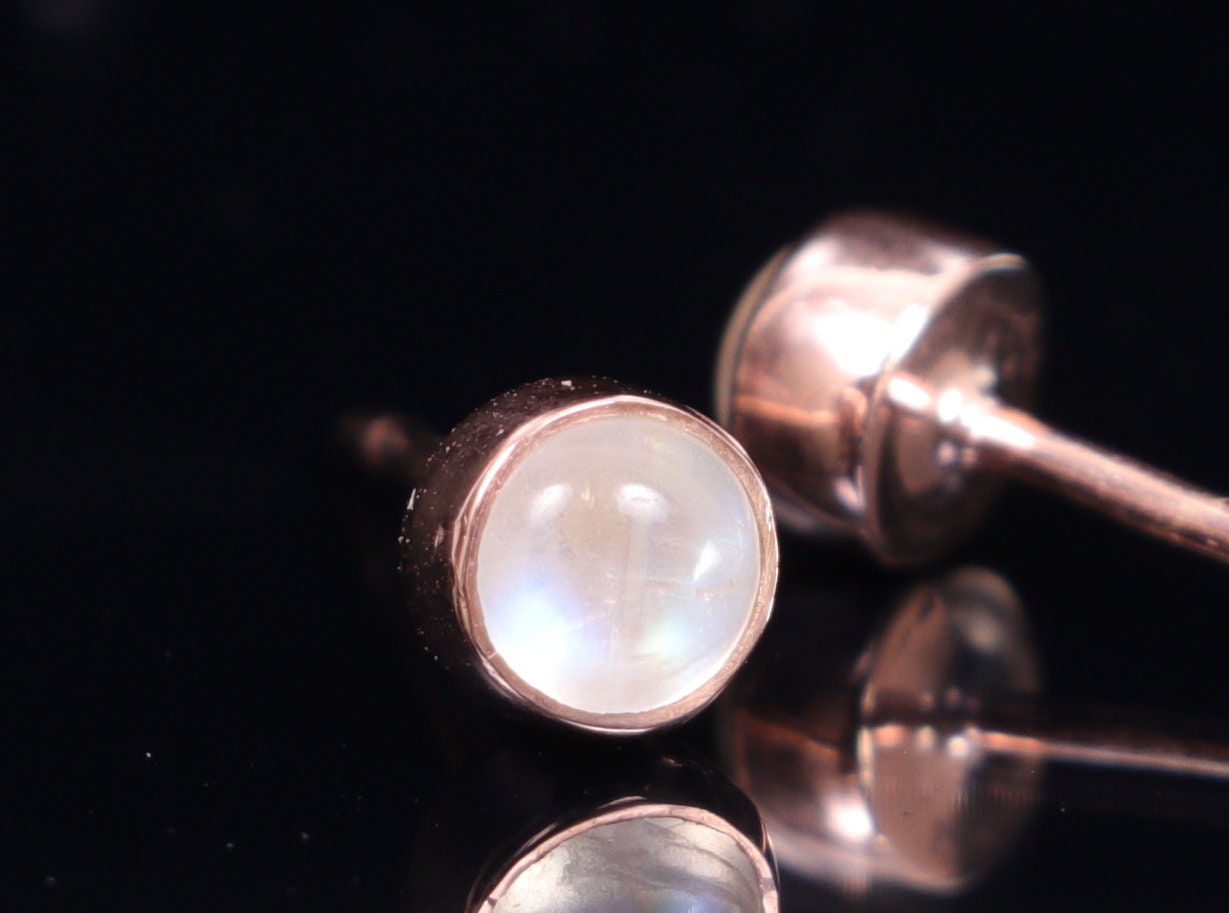 Rainbow Moonstone Earrings | Solid Gold Moonstone Studs | Minimalist Rainbow Studs for Her -
