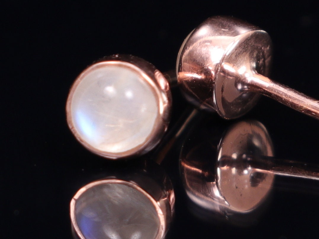 Rainbow Moonstone Earrings | Solid Gold Moonstone Studs | Minimalist Rainbow Studs for Her -