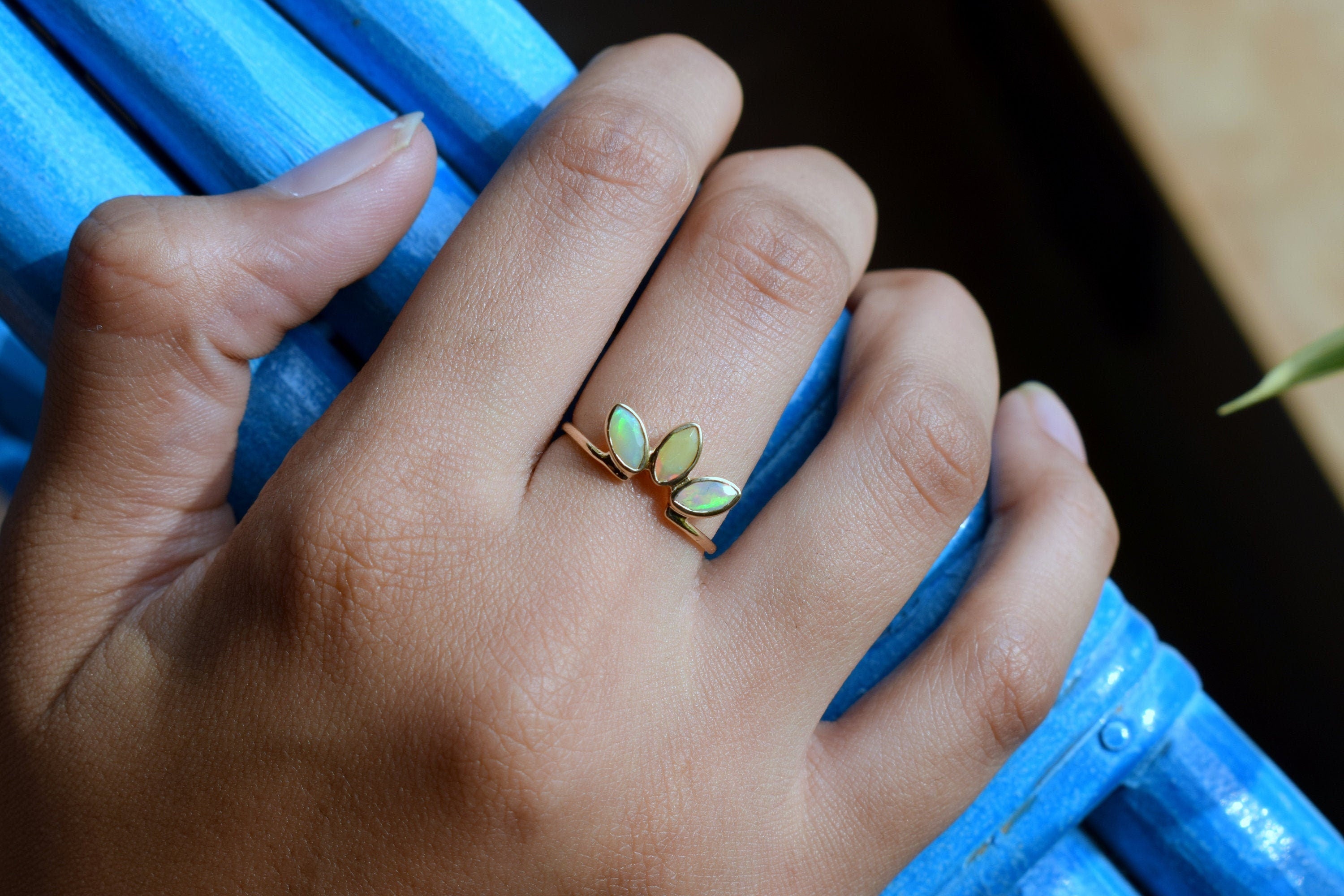 Opal Leaf Ring | Gold Fire Opal Ring | October Birthstone Jewelry | Minimalist Opal Jewelry -