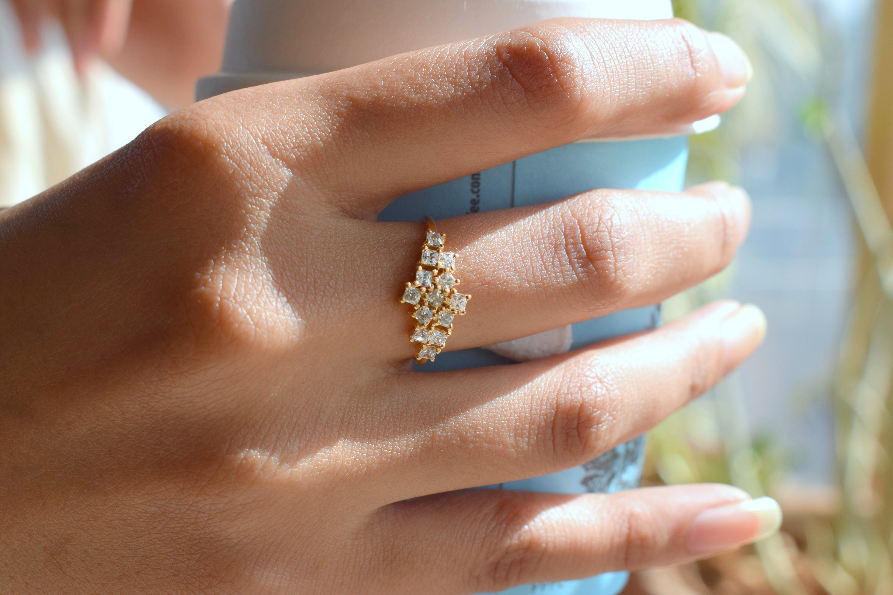 Diamond Cluster Engagement Ring | Square Cluster Diamond Ring | Anniversary Gift -