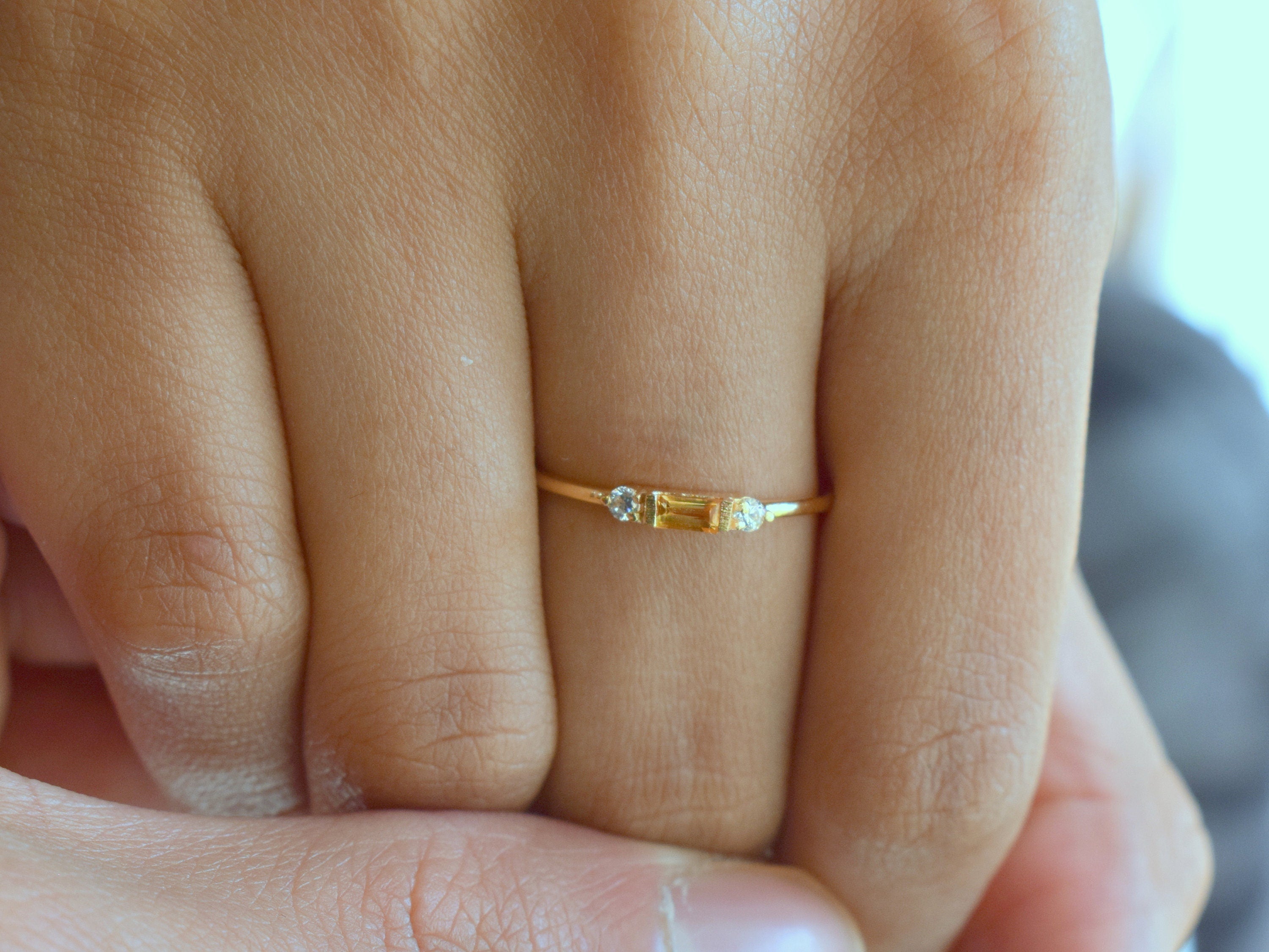 Yellow Sapphire Stacking Ring | Sapphire Baguette Gold Diamond Ring | Dainty Ring -