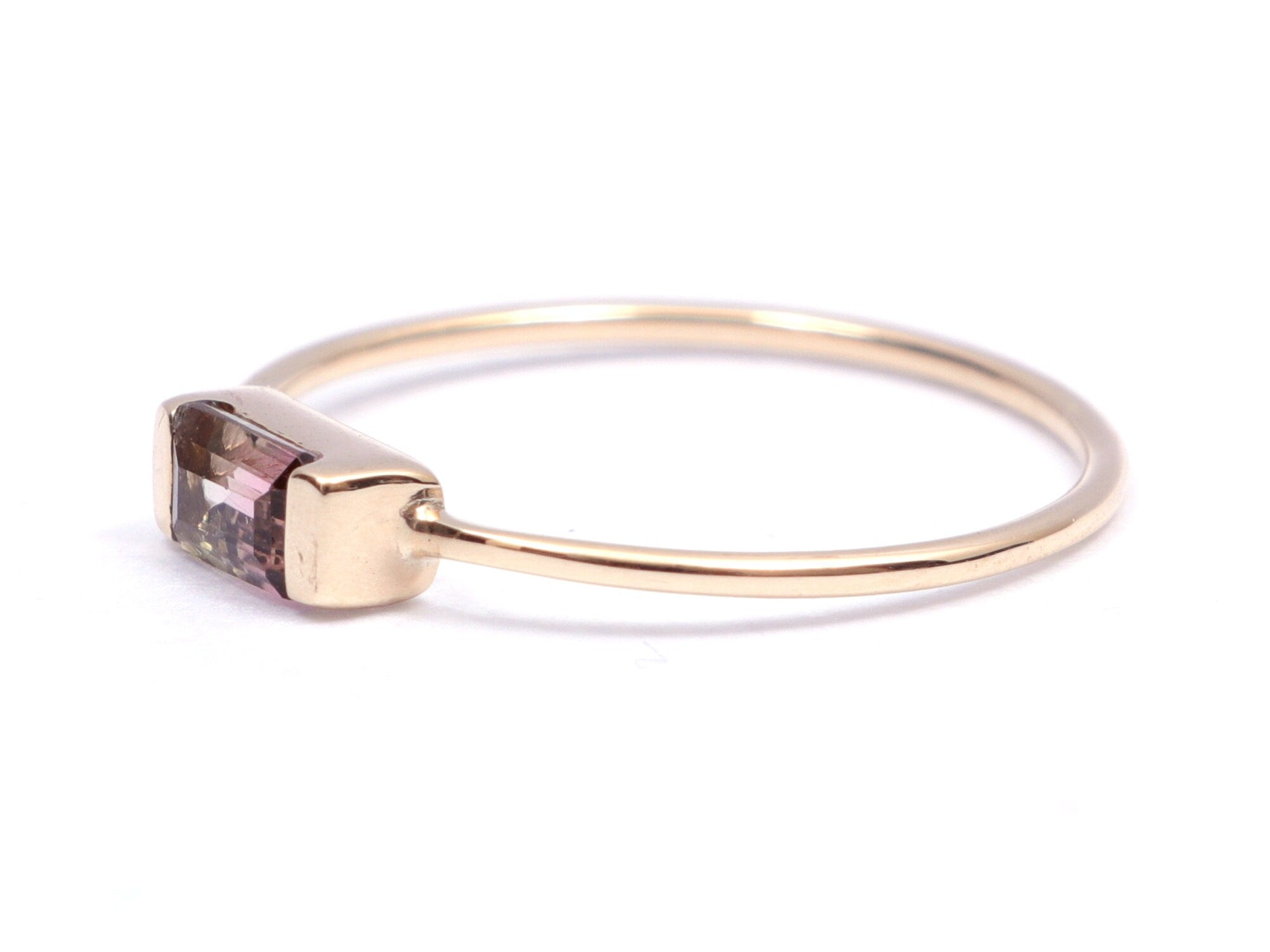 Bicolor Watermelon Tourmaline Baguette Ring | Tourmaline Stacking Ring -