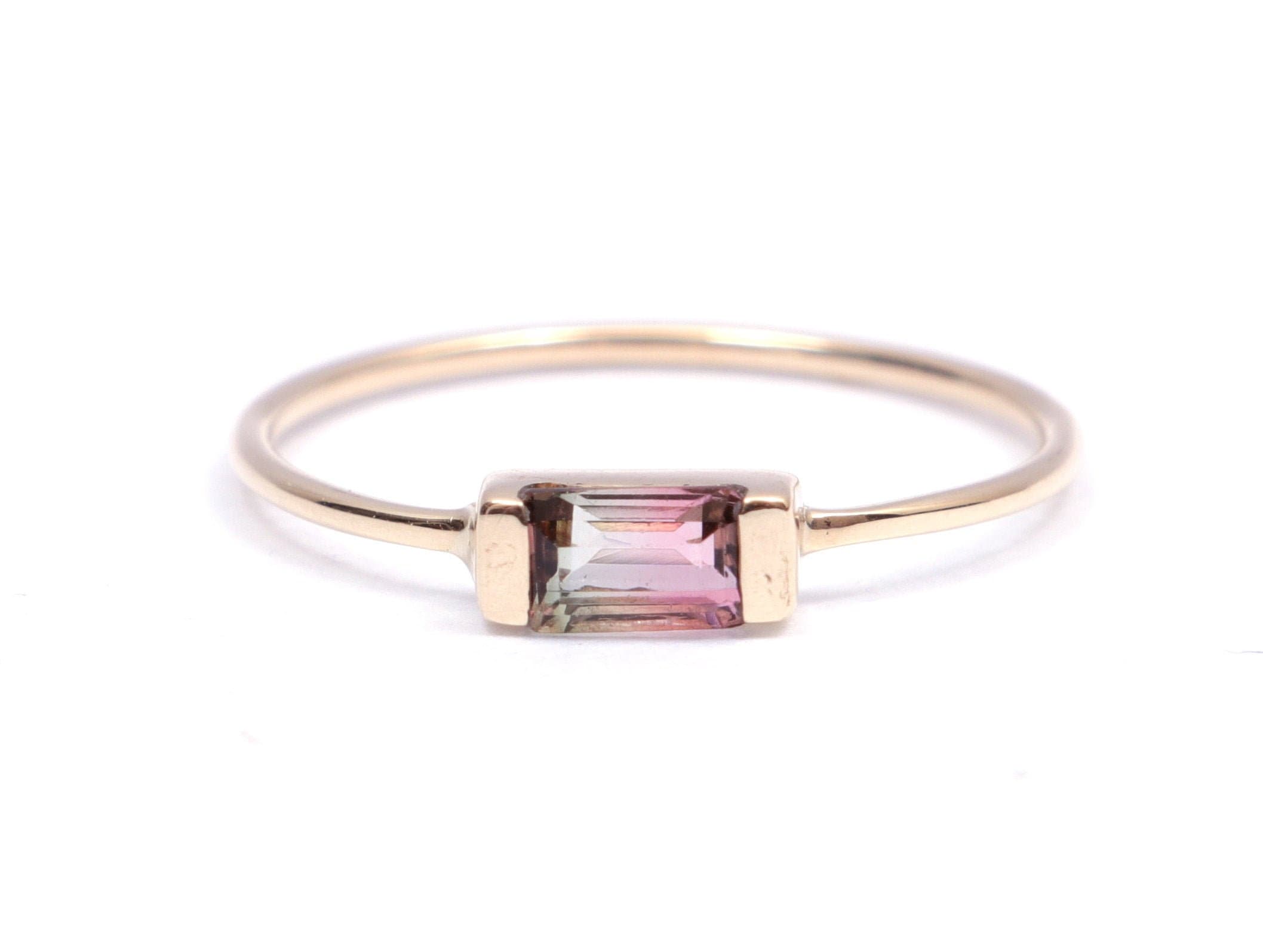 Bicolor Watermelon Tourmaline Baguette Ring | Tourmaline Stacking Ring -