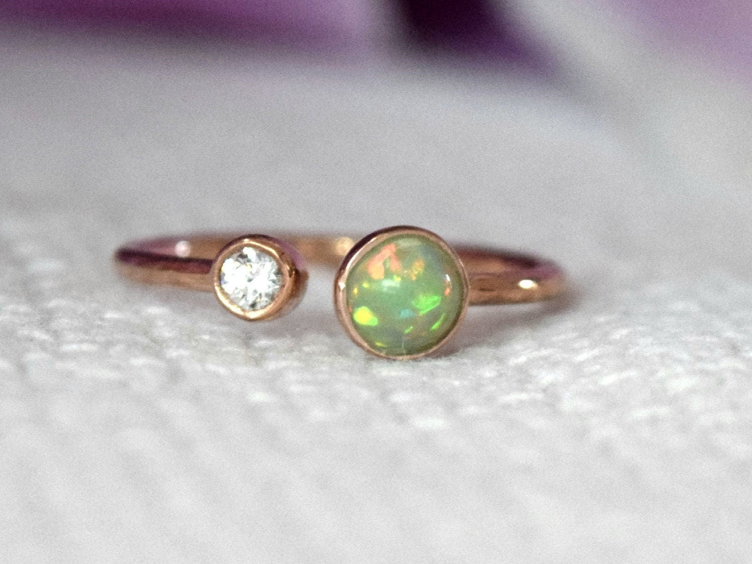 14k Gold Ethiopian Opal & Diamond Ring | October Birthstone Opal & Diamond Jewelry | Stacking Ring | Adjustable -