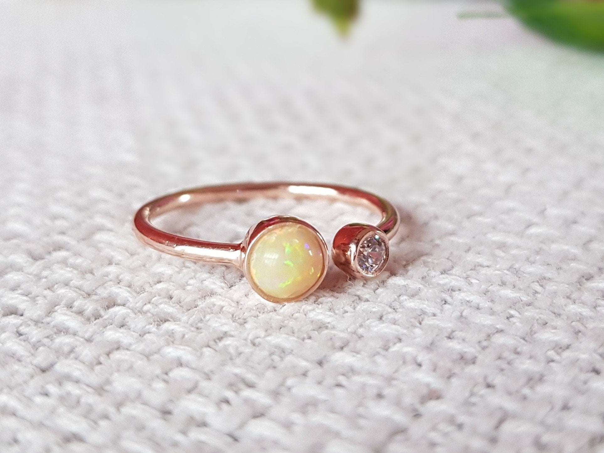 14k Gold Ethiopian Opal & Diamond Ring | October Birthstone Opal & Diamond Jewelry | Stacking Ring | Adjustable -