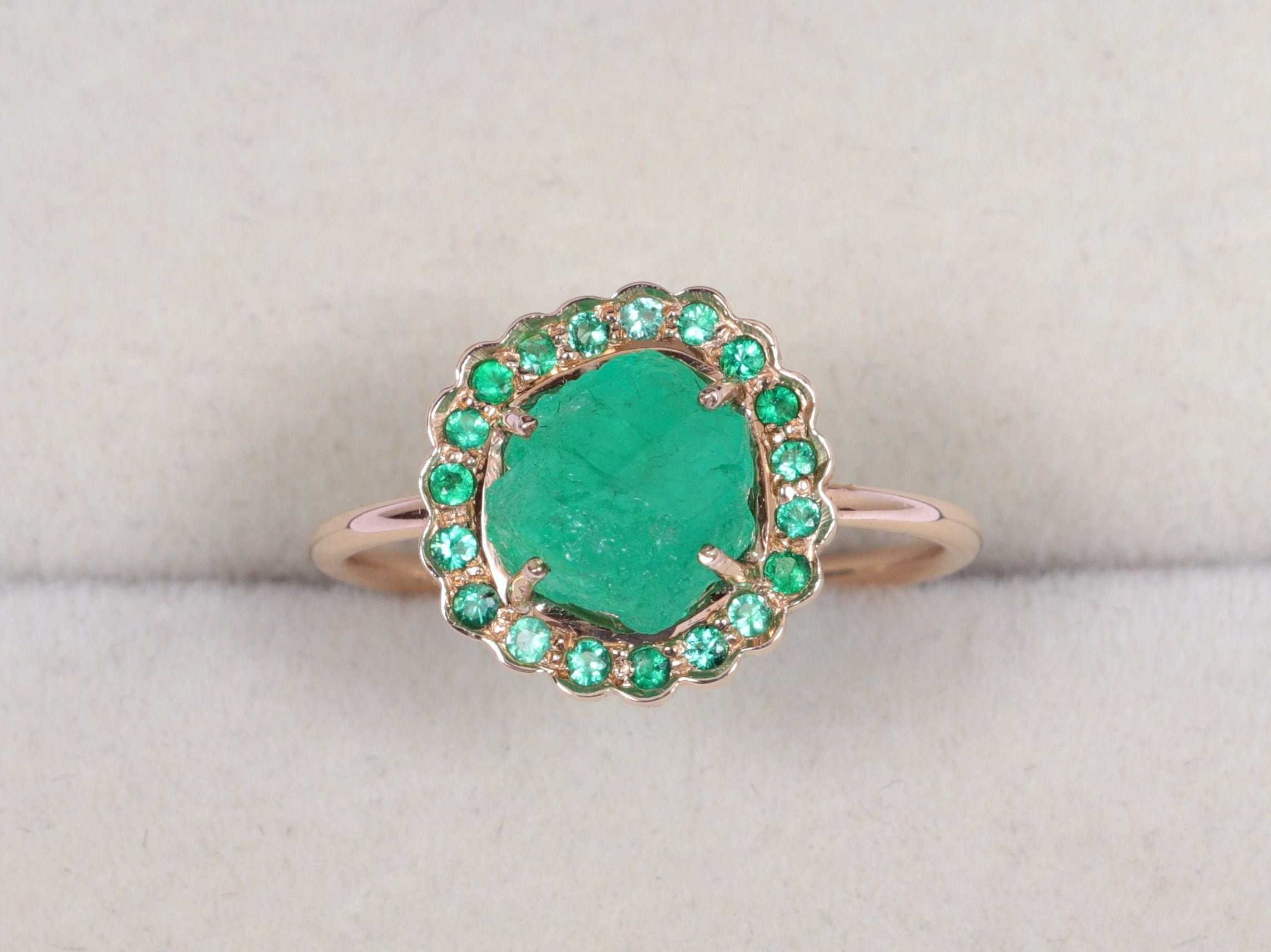 Raw Emerald Halo Ring | May Birthstone Engagement Ring | Raw Gemstone Ring -