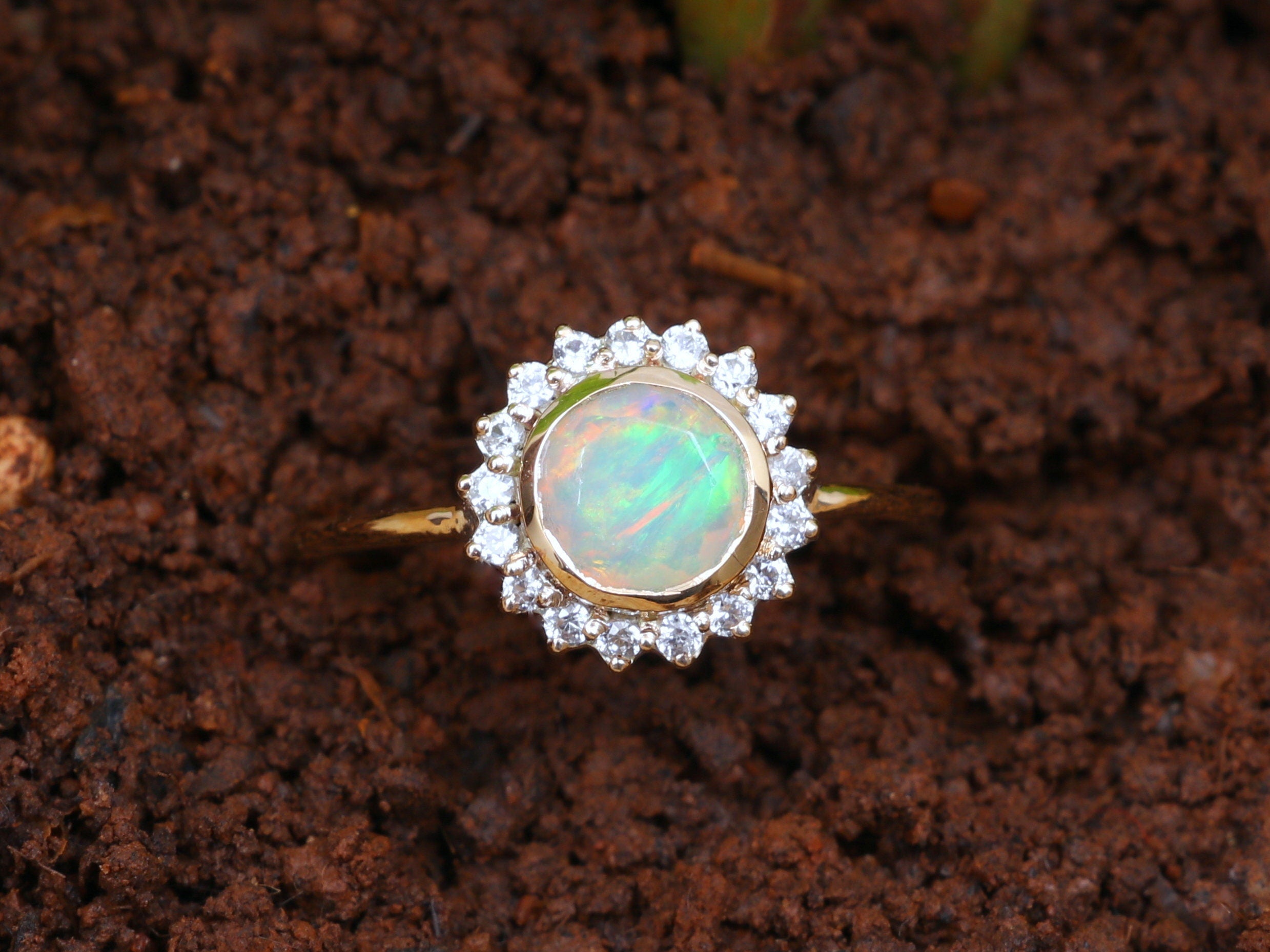 Opal Engagement Ring | Diamond Opal Halo Ring | Gold Opal Ring for Anniversary -