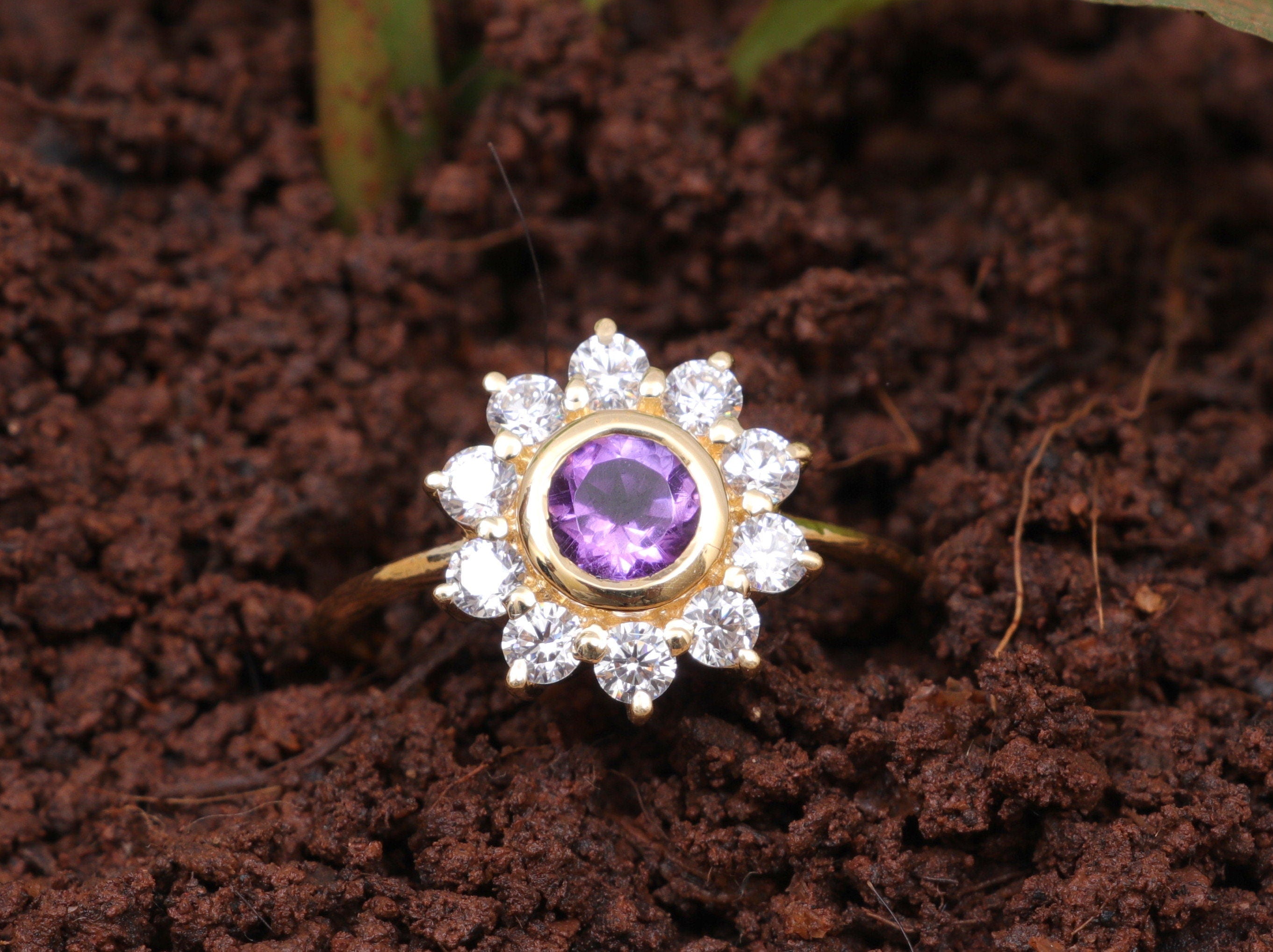 Amethyst Engagement Ring | Sunflower Amethyst & Diamond Ring | February Birthstone Statement Ring -