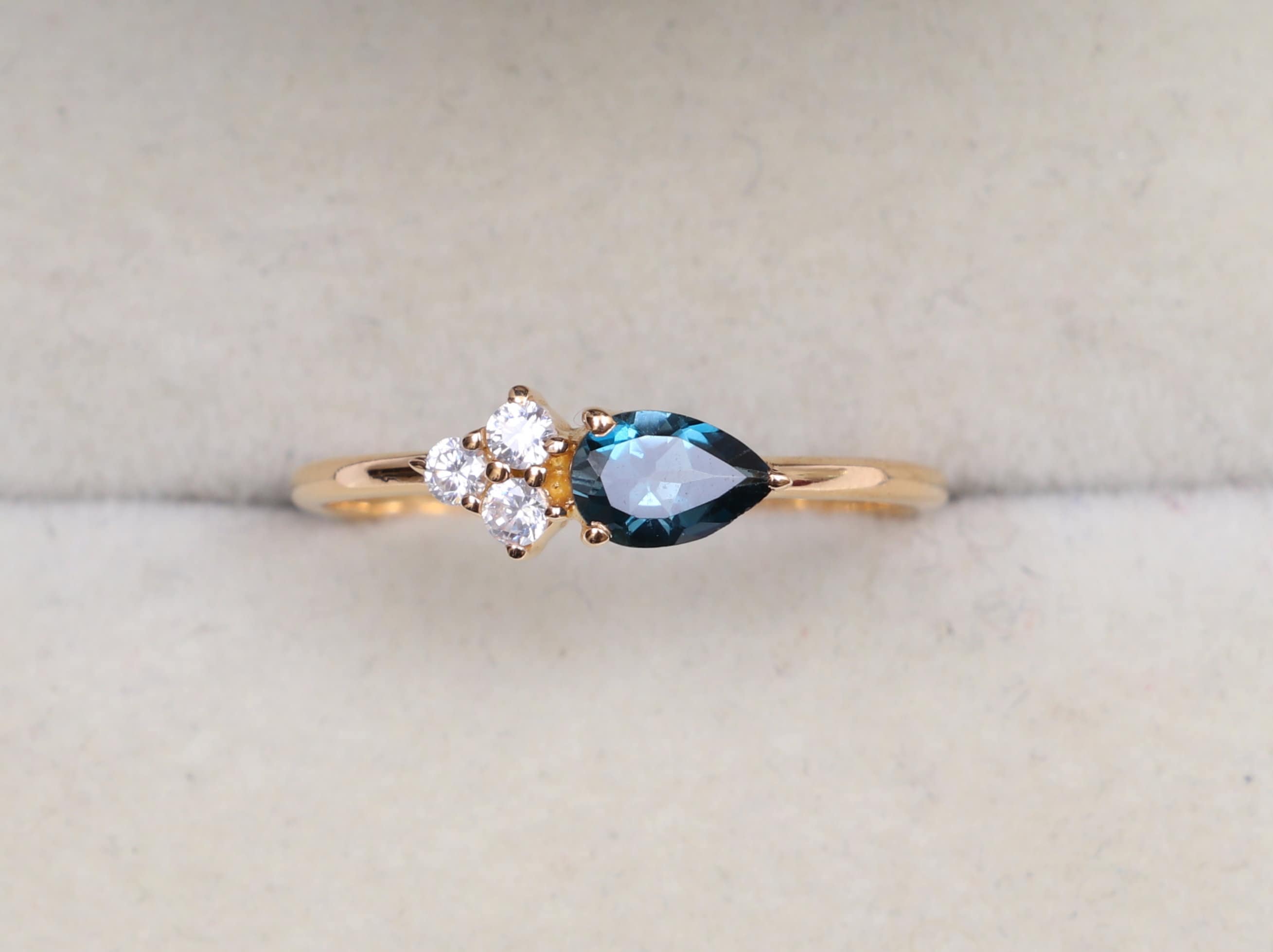 London Blue Topaz Ring | Pear Topaz & Diamond Cluster Ring | Moissanite December Birthstone Ring -