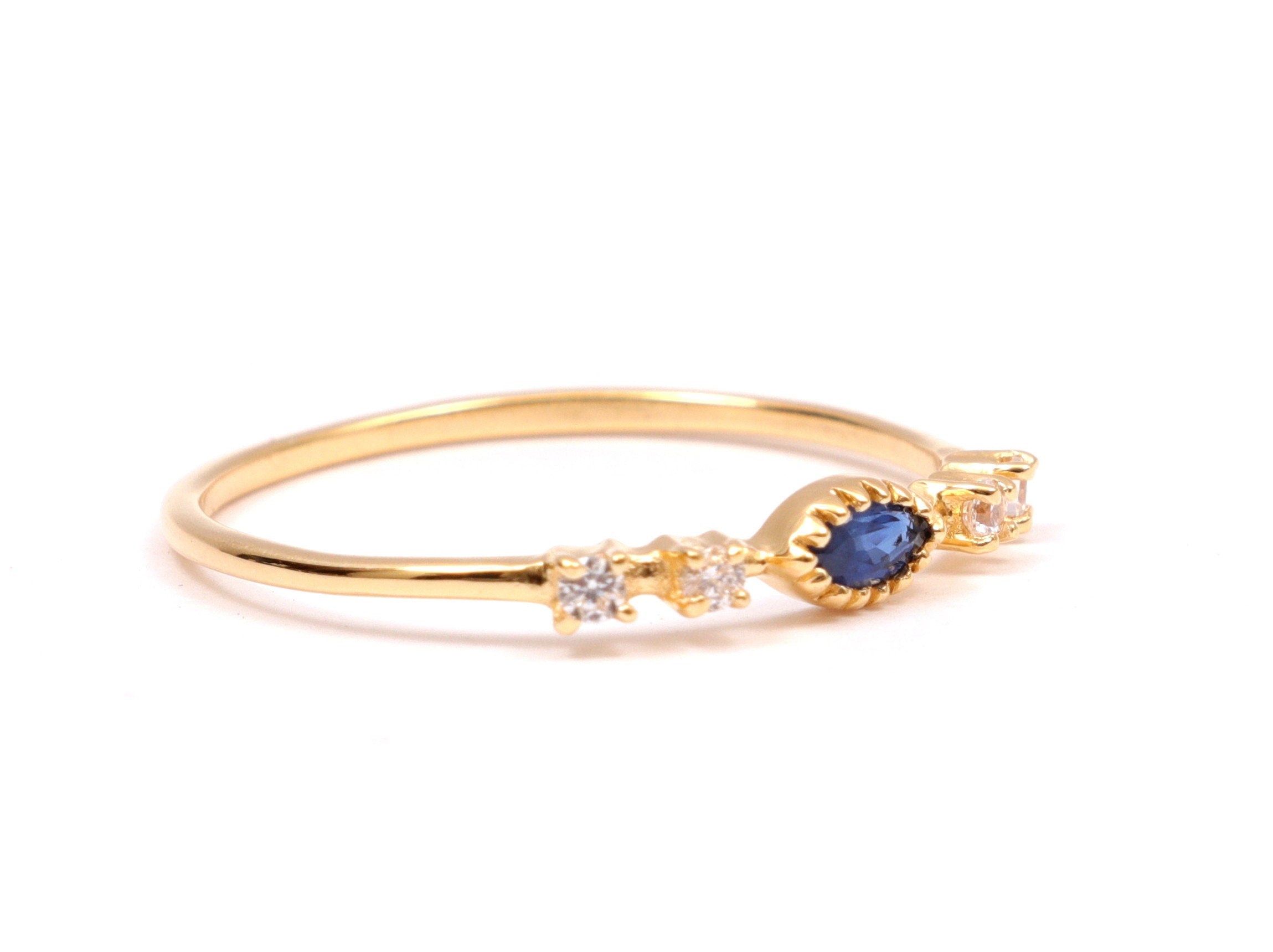 Blue Sapphire Stacking Ring | Diamond Stacking Ring | 5 Stone Sapphire Ring -