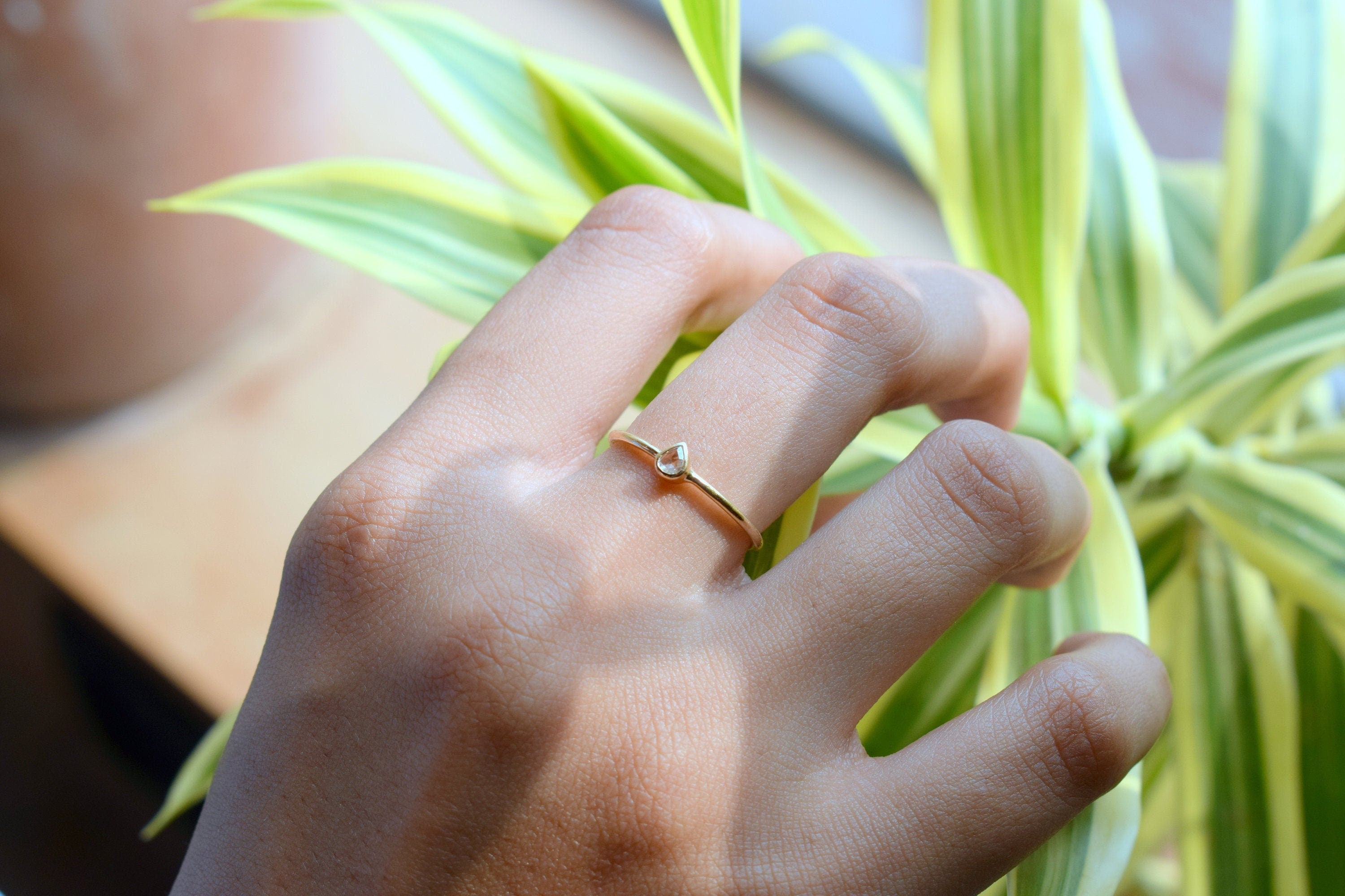 Pear Diamond Ring | 9k/14k/18k Rose Cut Diamond Ring | Dainty Stacking Ring -