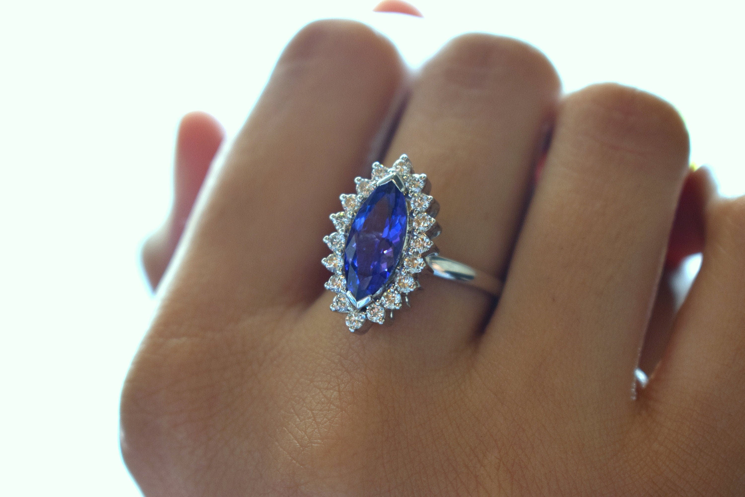 Tanzanite Marquise Engagement Ring | Art Deco White Gold Wedding Ring | Anniversary Gift -