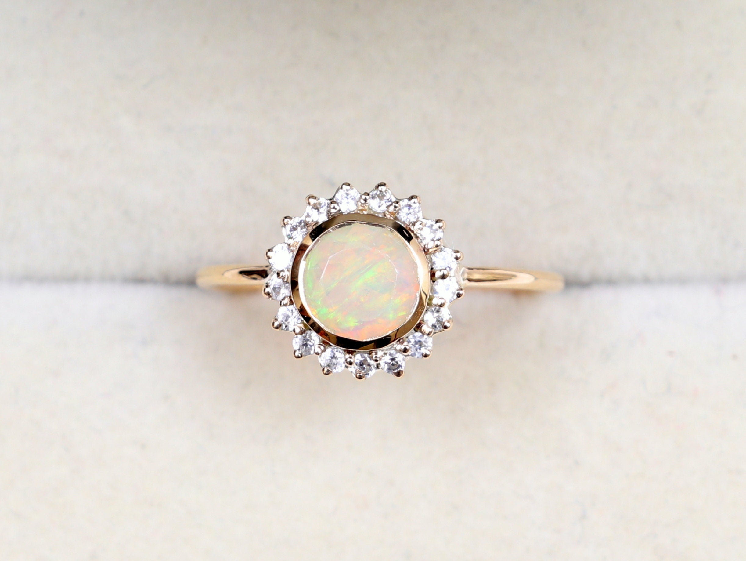 Opal Engagement Ring | Diamond Opal Halo Ring | Gold Opal Ring for Anniversary -