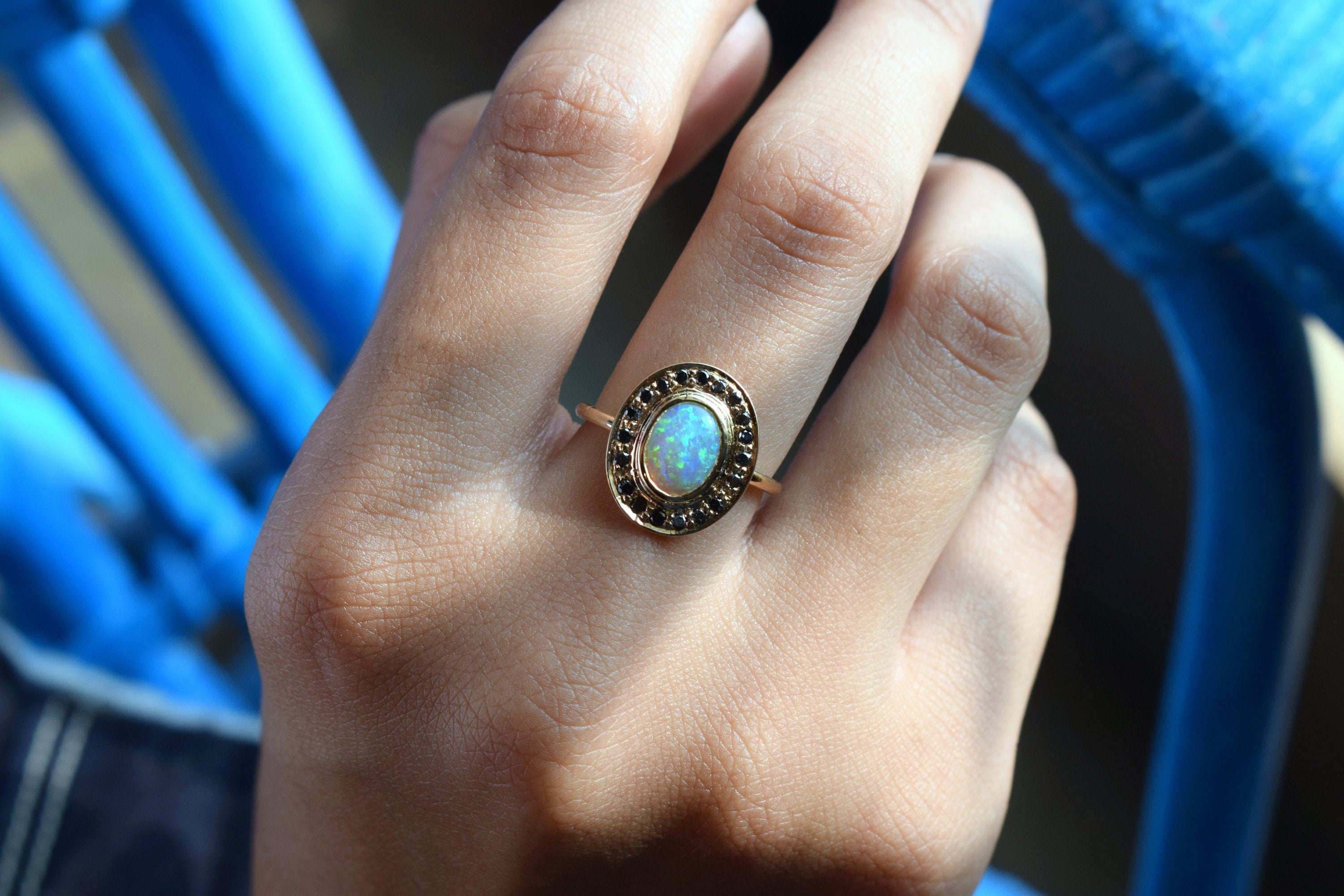 Opal Engagement Ring | Fire Opal Halo Ring | Black Diamond Vintage Opal Ring -