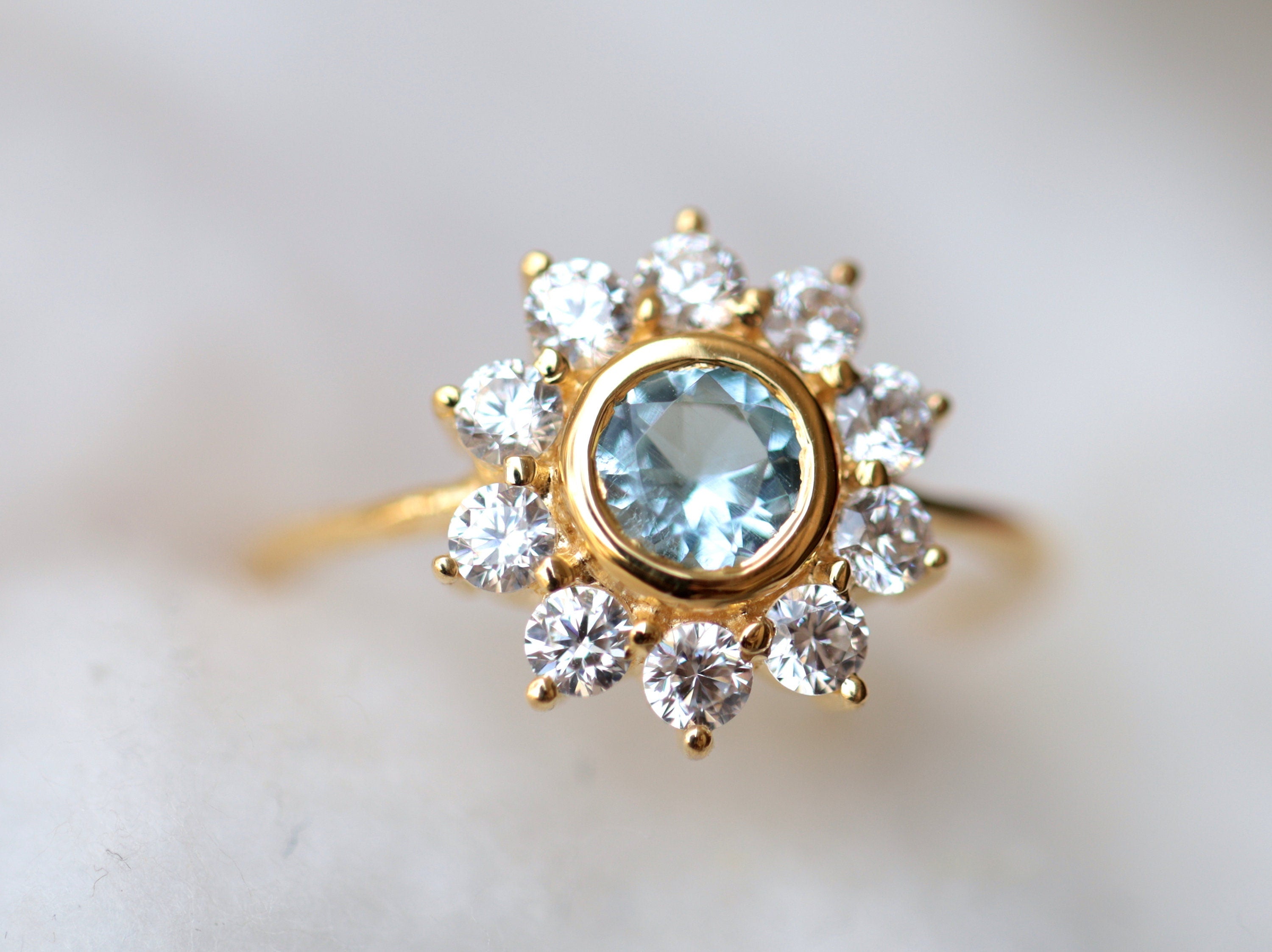 Aquamarine Engagement Ring | Sunflower & Diamond | March Birthstone -