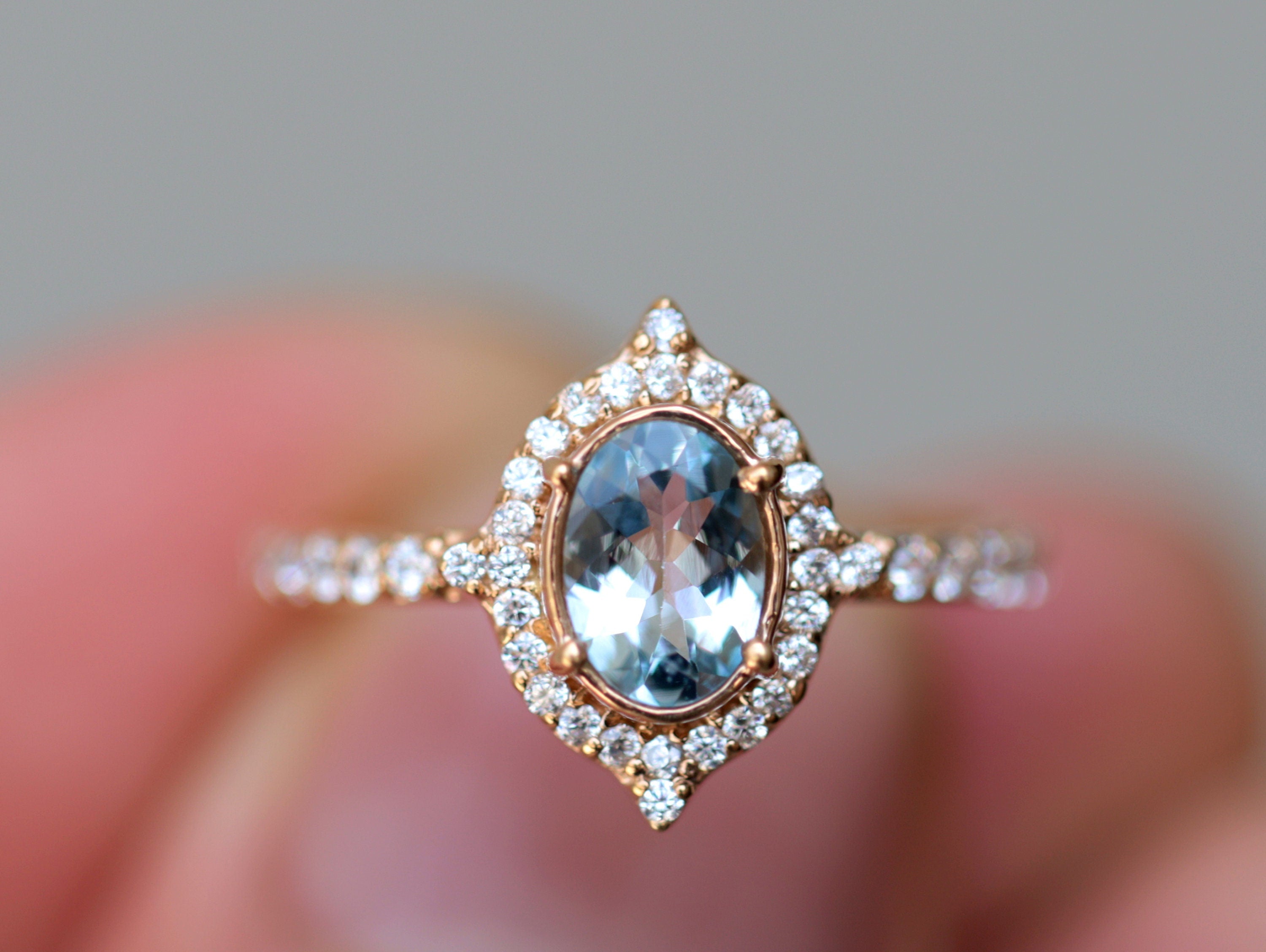 Aquamarine Engagement Ring | Diamond Halo | Oval Cut Aquamarine | March Birthstone -