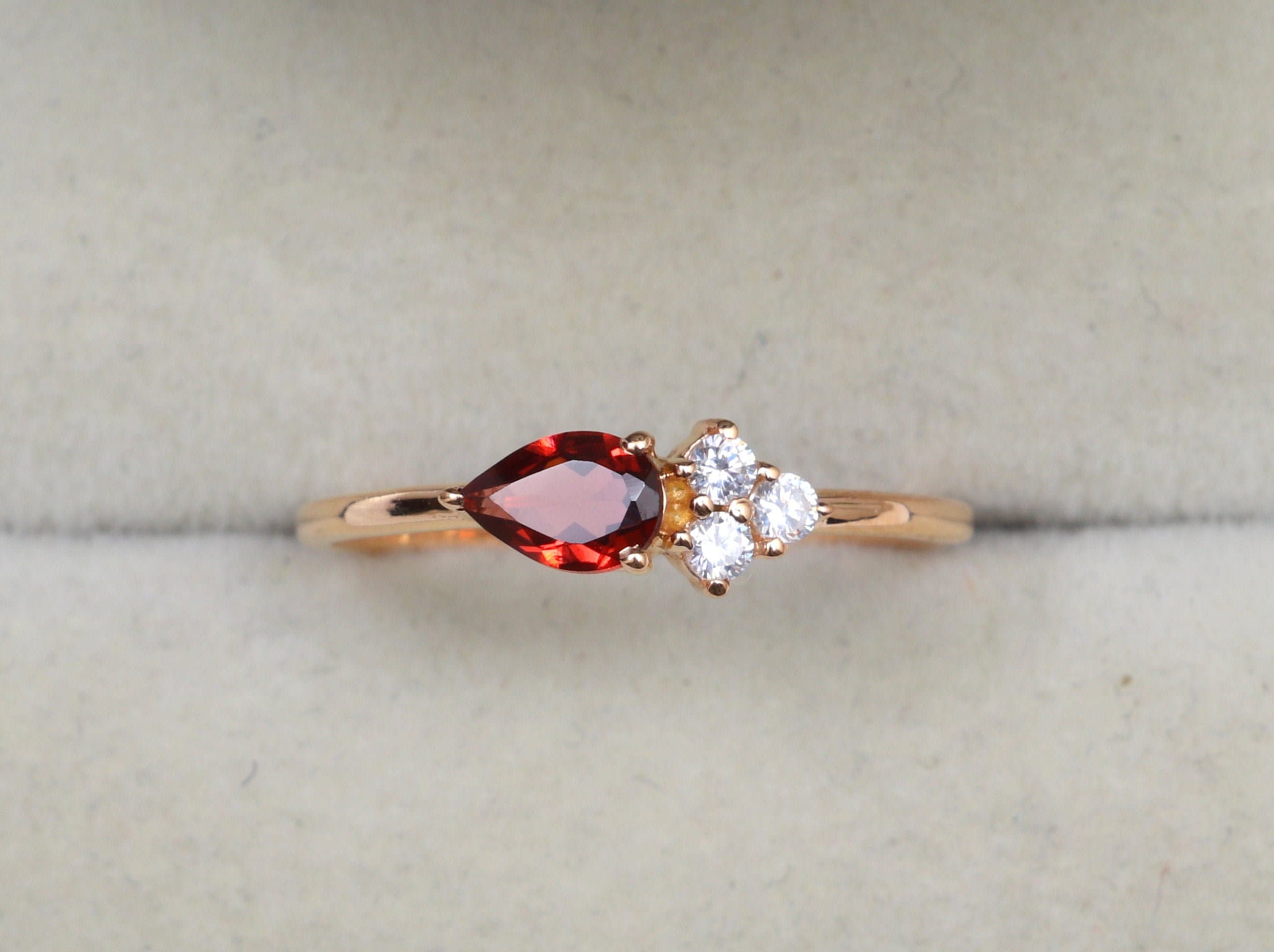 Garnet Engagement Ring | Red Garnet Diamond Stacking Ring | January Birthstone Dainty Ring -