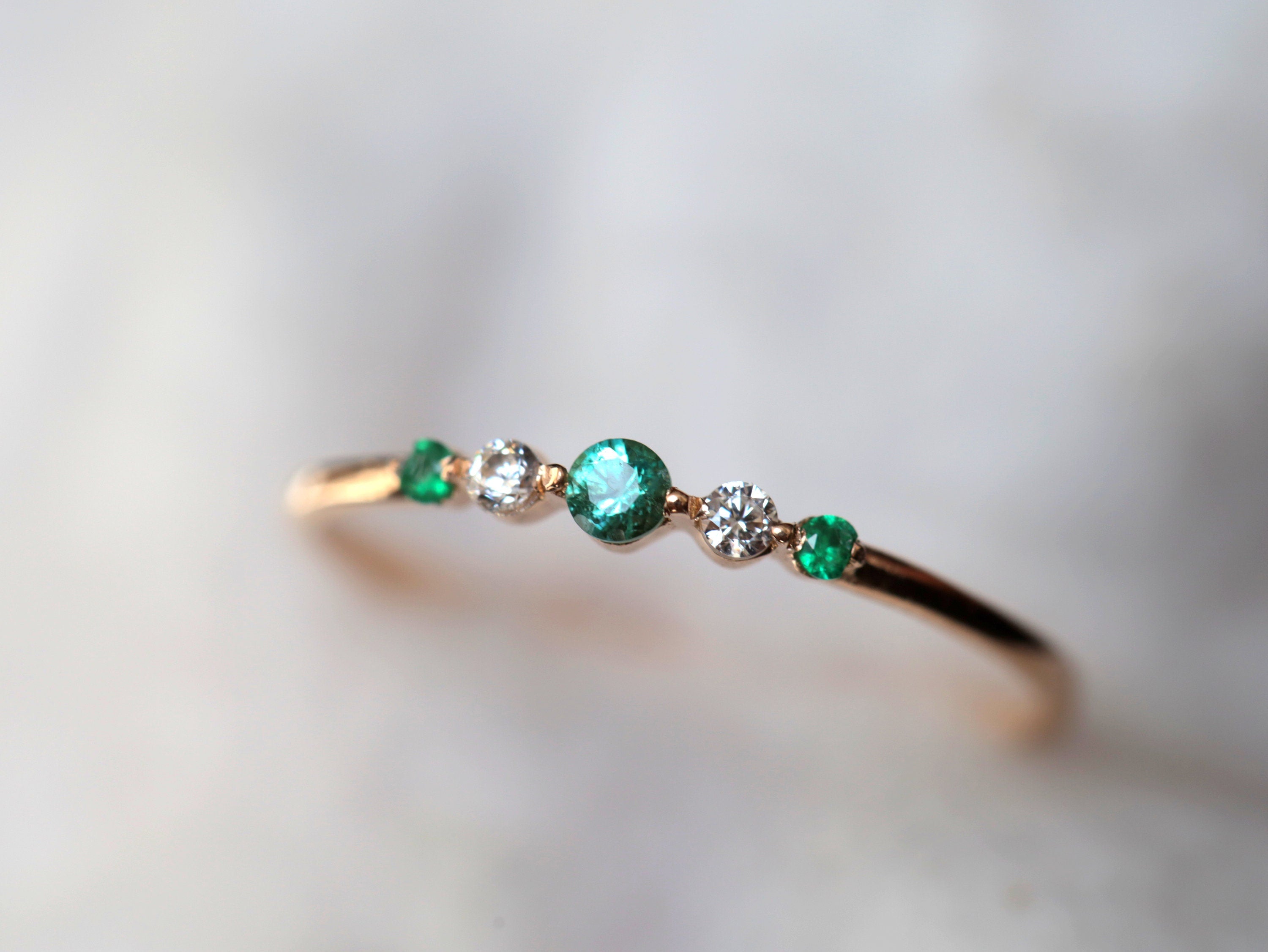 Emerald Stacking Ring | Emerald & Diamond Ring | Dainty Minimalist Stacking Ring -