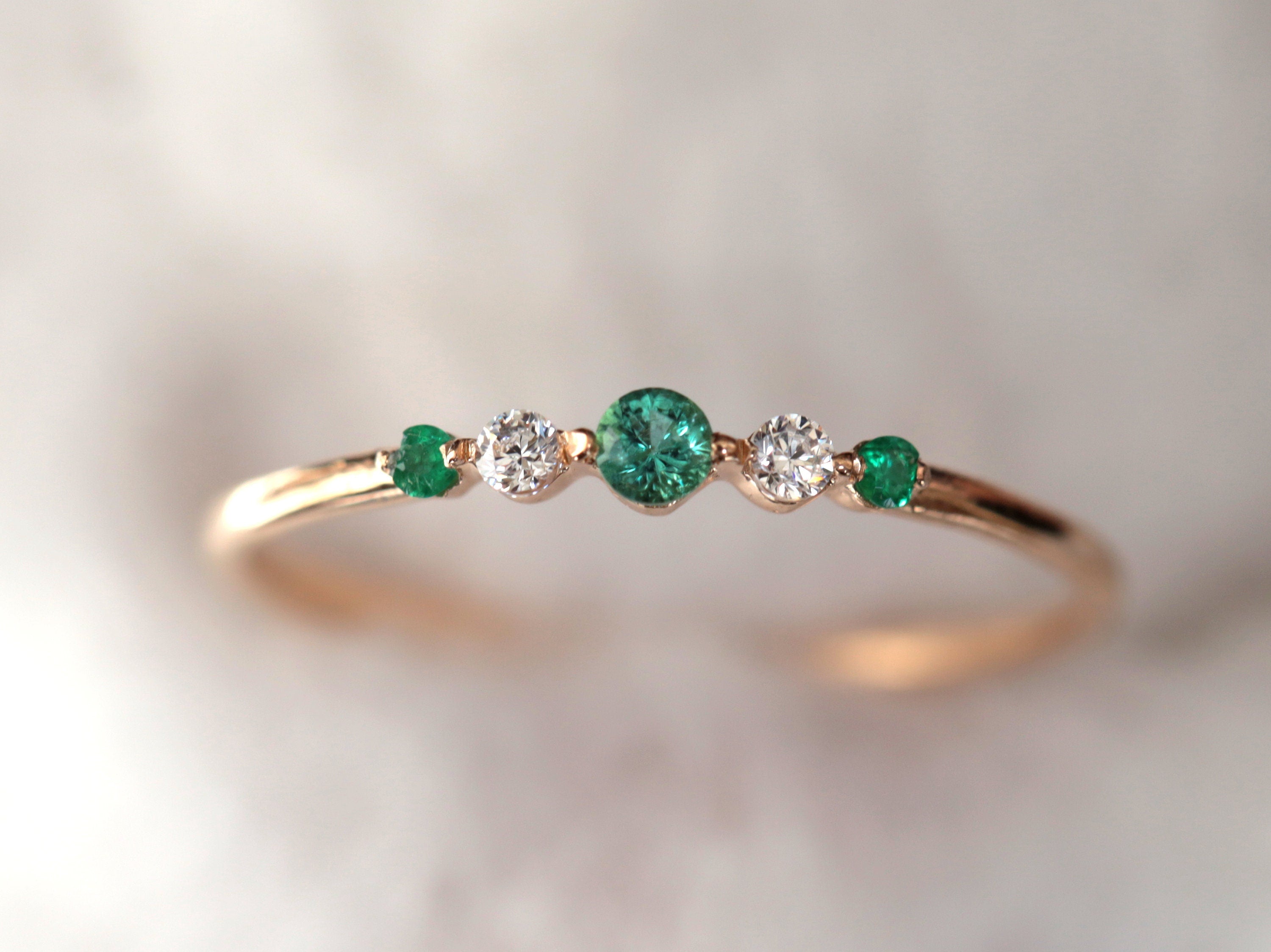 Emerald Stacking Ring | Emerald & Diamond Ring | Dainty Minimalist Stacking Ring -