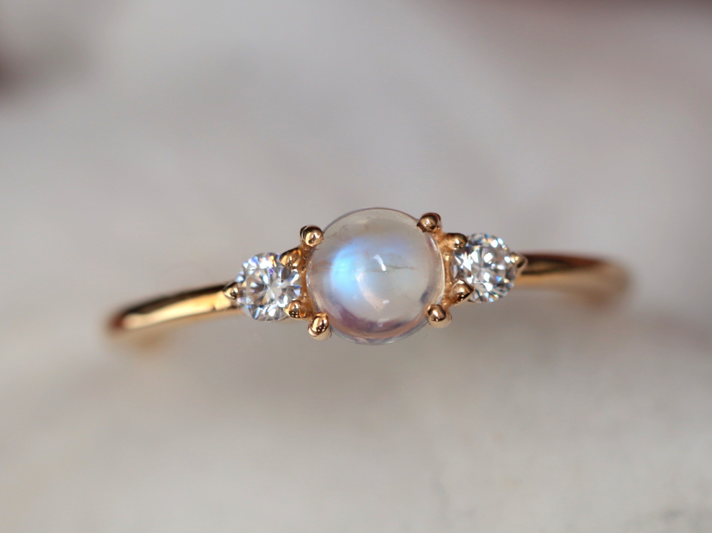 Rainbow Moonstone Engagement Ring | Gold Moonstone Stacking Ring | Natural Moonstone Diamond Ring -