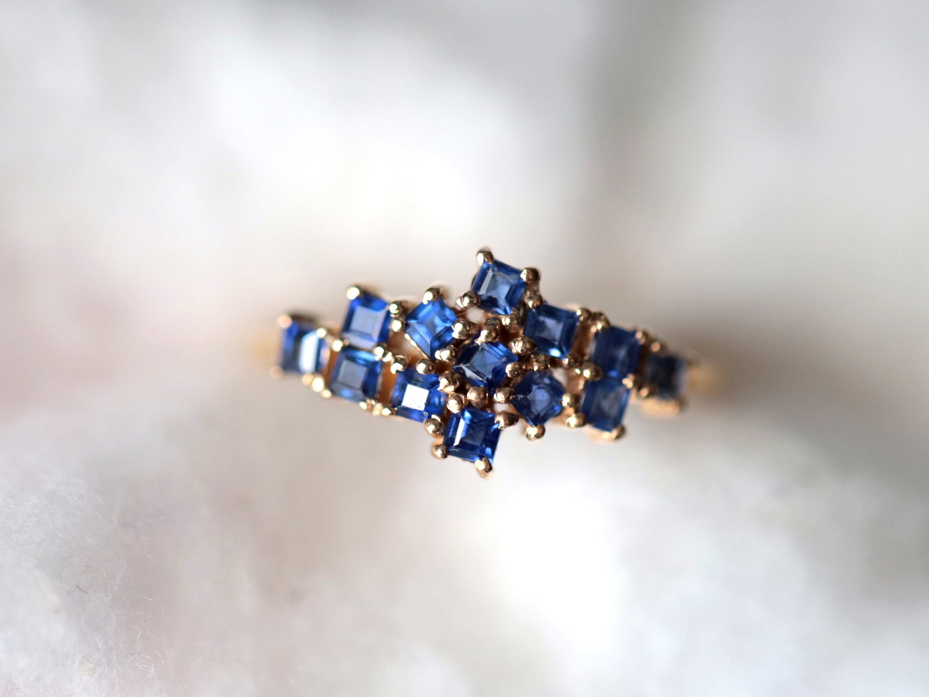 Square Sapphire Cluster Ring | Blue Sapphire Engagement Ring, Cluster Design, Diamond Accents -
