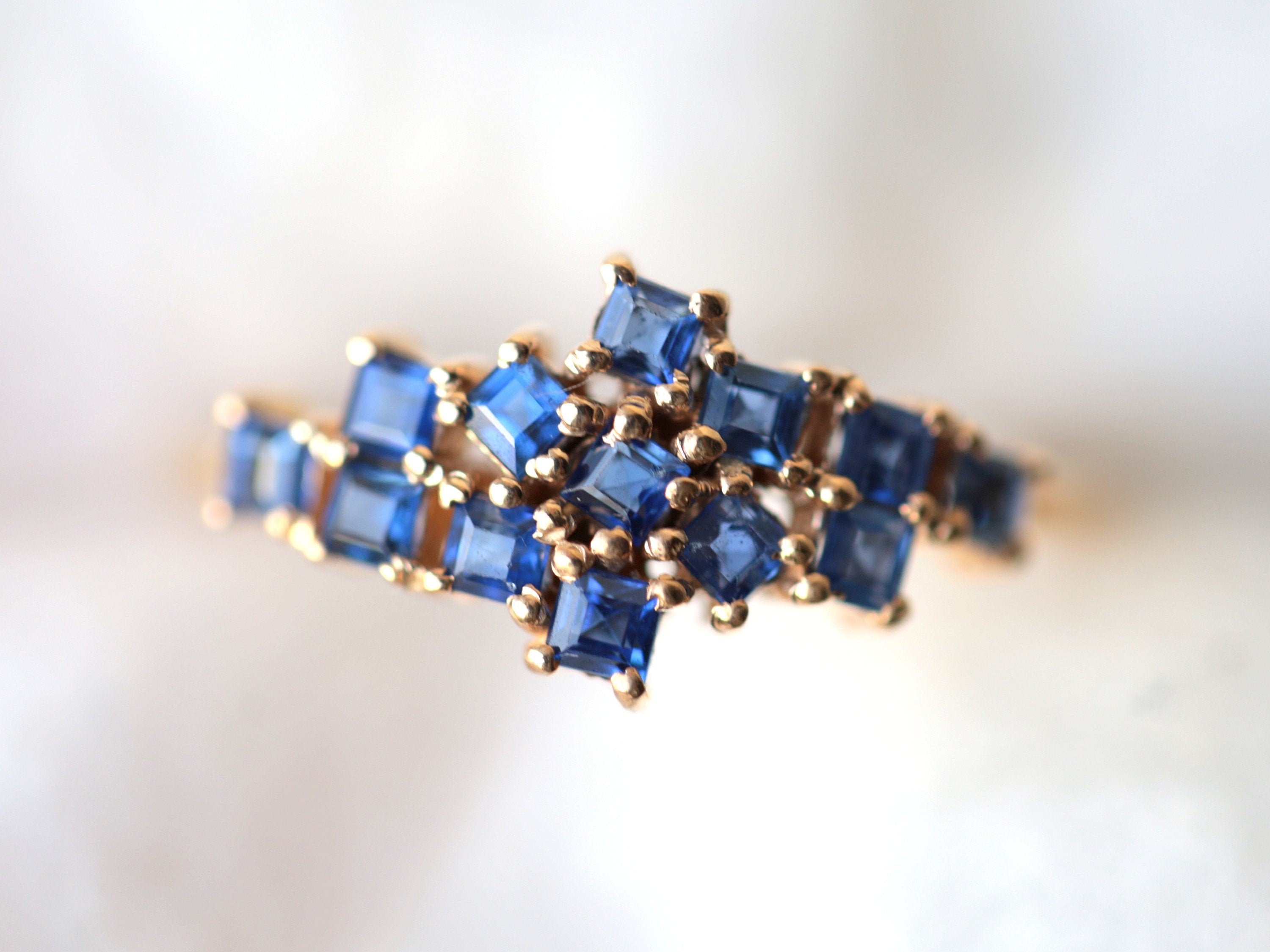 Square Sapphire Cluster Ring | Blue Sapphire Engagement Ring, Cluster Design, Diamond Accents -