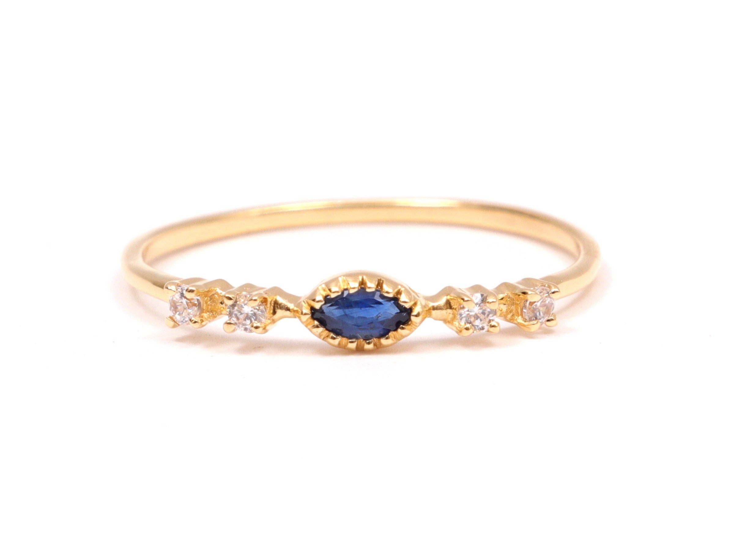 Blue Sapphire Stacking Ring | Diamond Stacking Ring | 5 Stone Sapphire Ring -
