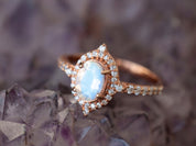 Art Deco Rainbow Moonstone Engagement Ring | Diamond Halo Oval Cut Moonstone Ring | Gift for Her -