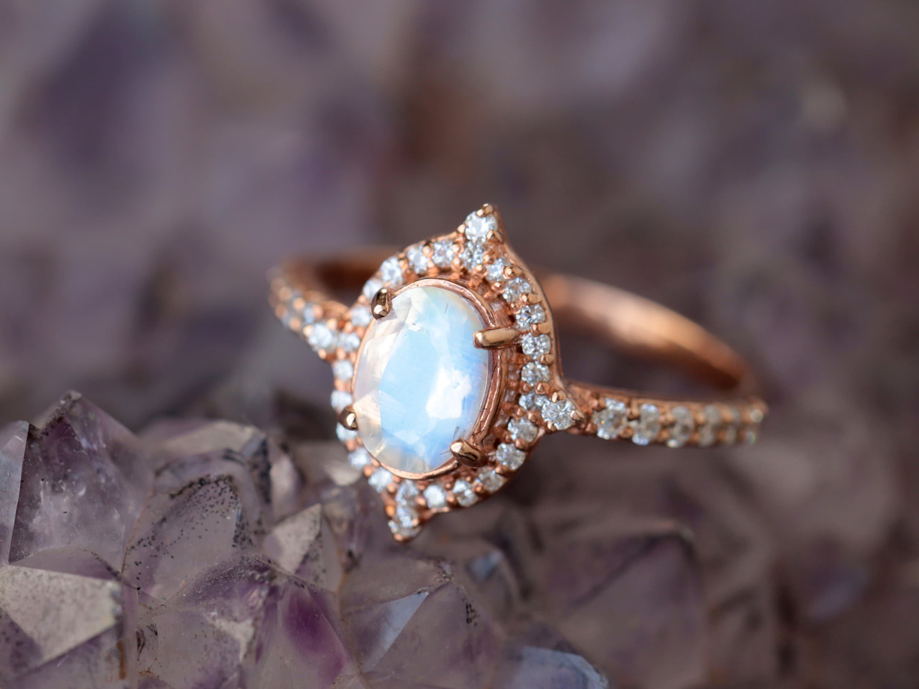 Art Deco Rainbow Moonstone Engagement Ring | Diamond Halo Oval Cut Moonstone Ring | Gift for Her -