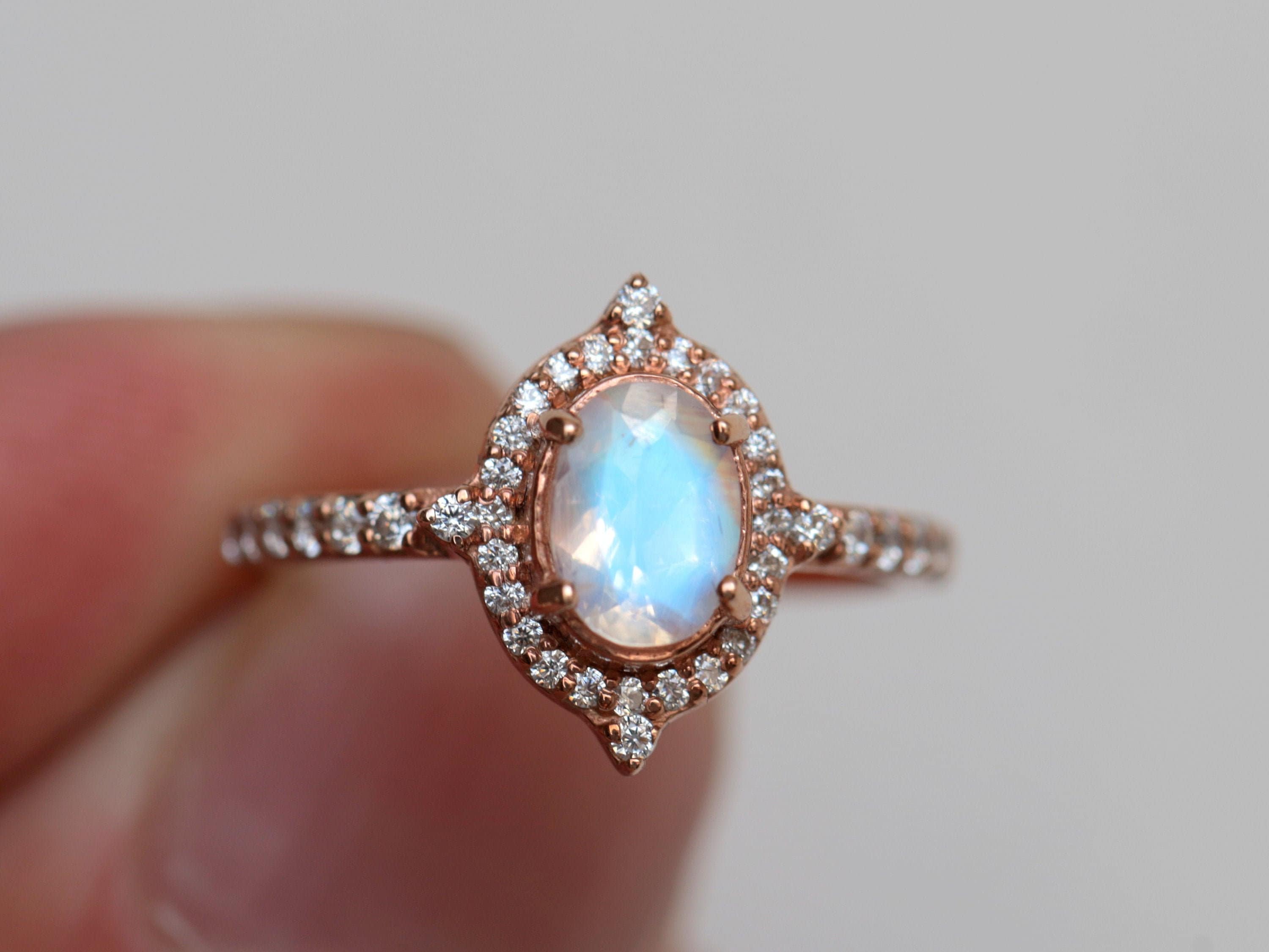 Art Deco Rainbow Moonstone Engagement Ring | Diamond Halo Oval Cut Moonstone Ring | Gift for Her -