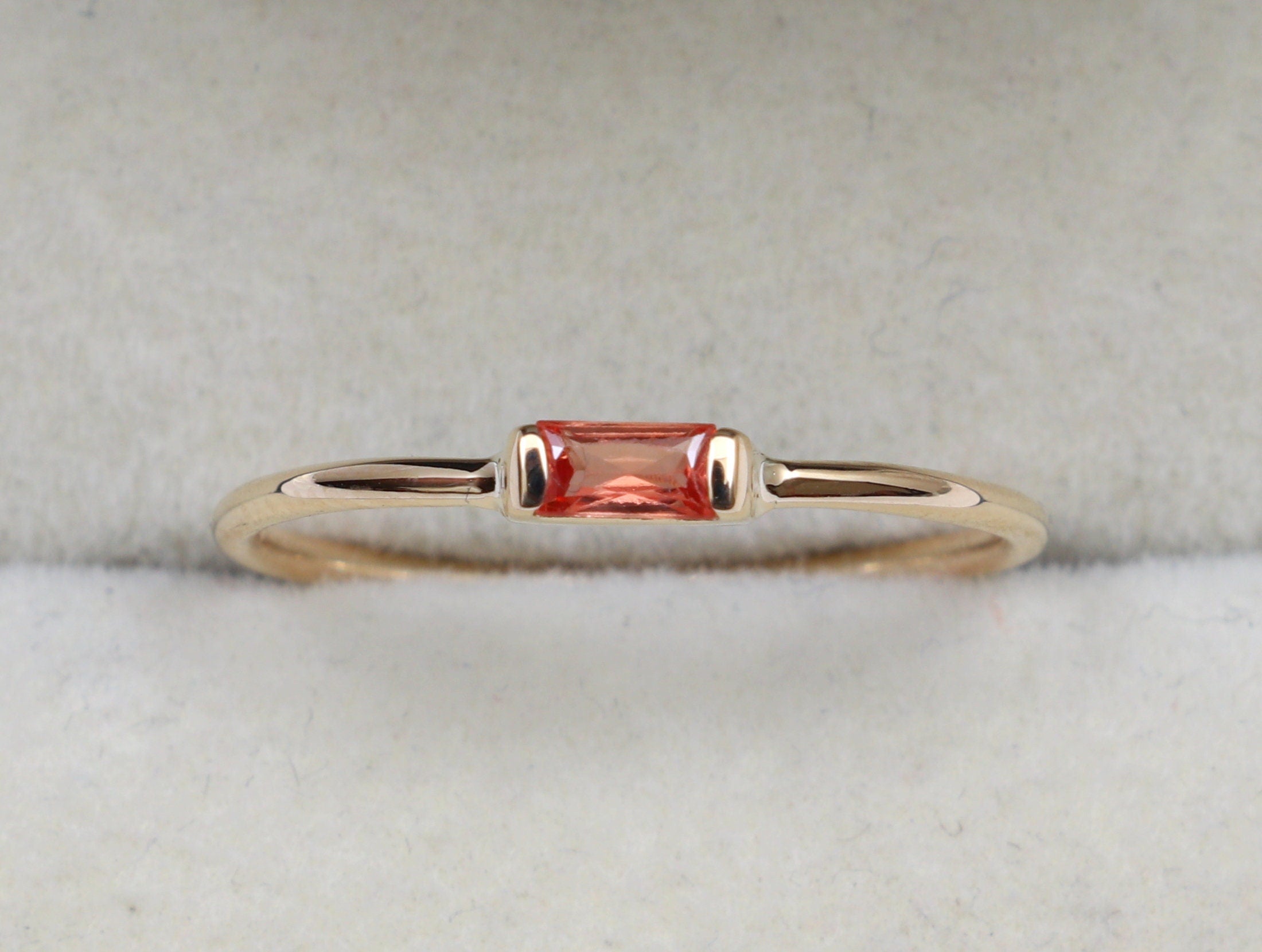 Orange Sapphire Baguette Ring | Minimalist Stacking Ring in Solid Gold | Christmas Gift -