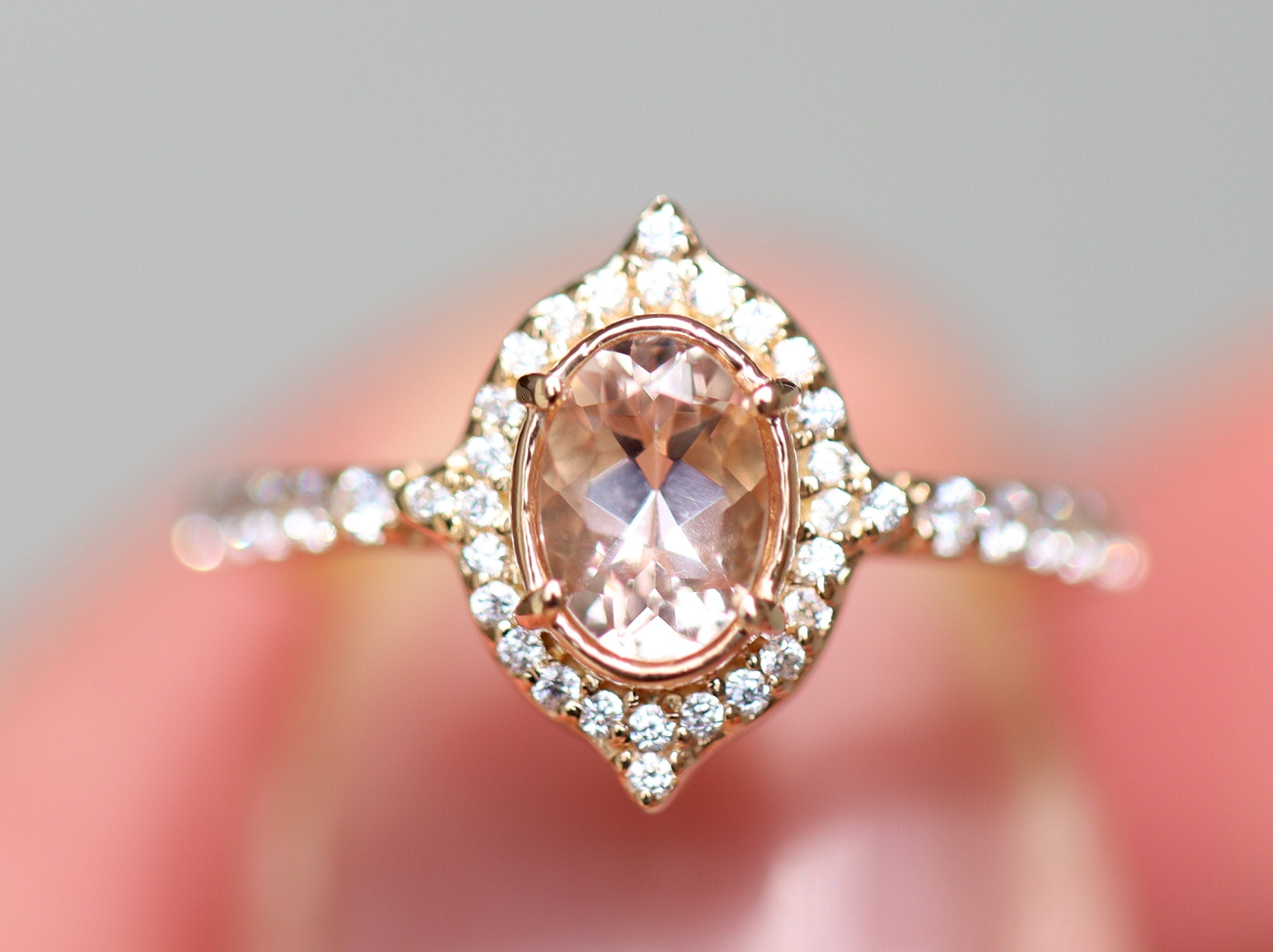 Morganite Engagement Ring | Halo Oval Morganite Ring | Morganite & Diamond Ring | Peach Morganite -