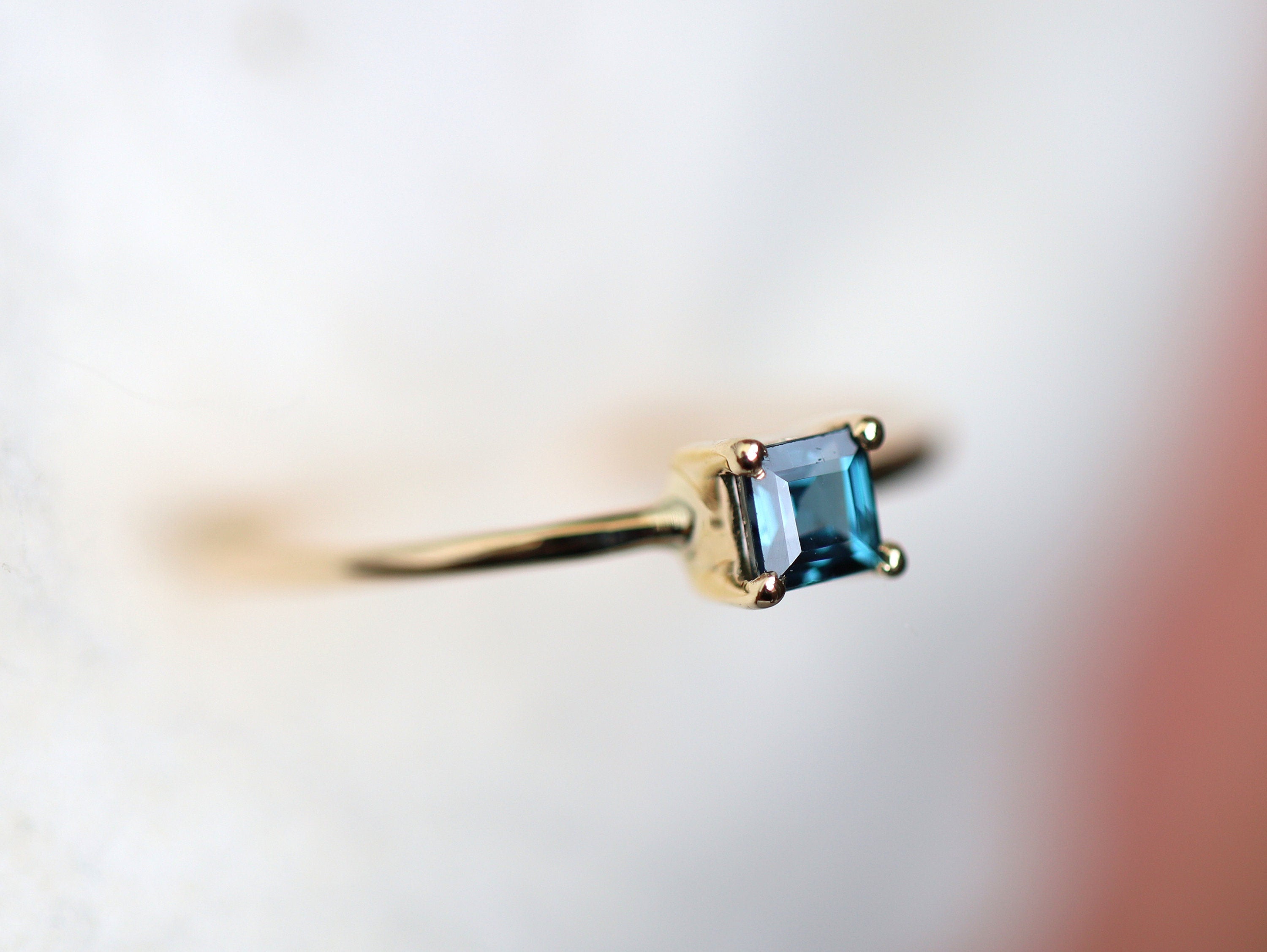 Teal Sapphire Stacking Ring | Princess Cut Teal Sapphire | Dainty Sapphire Ring -