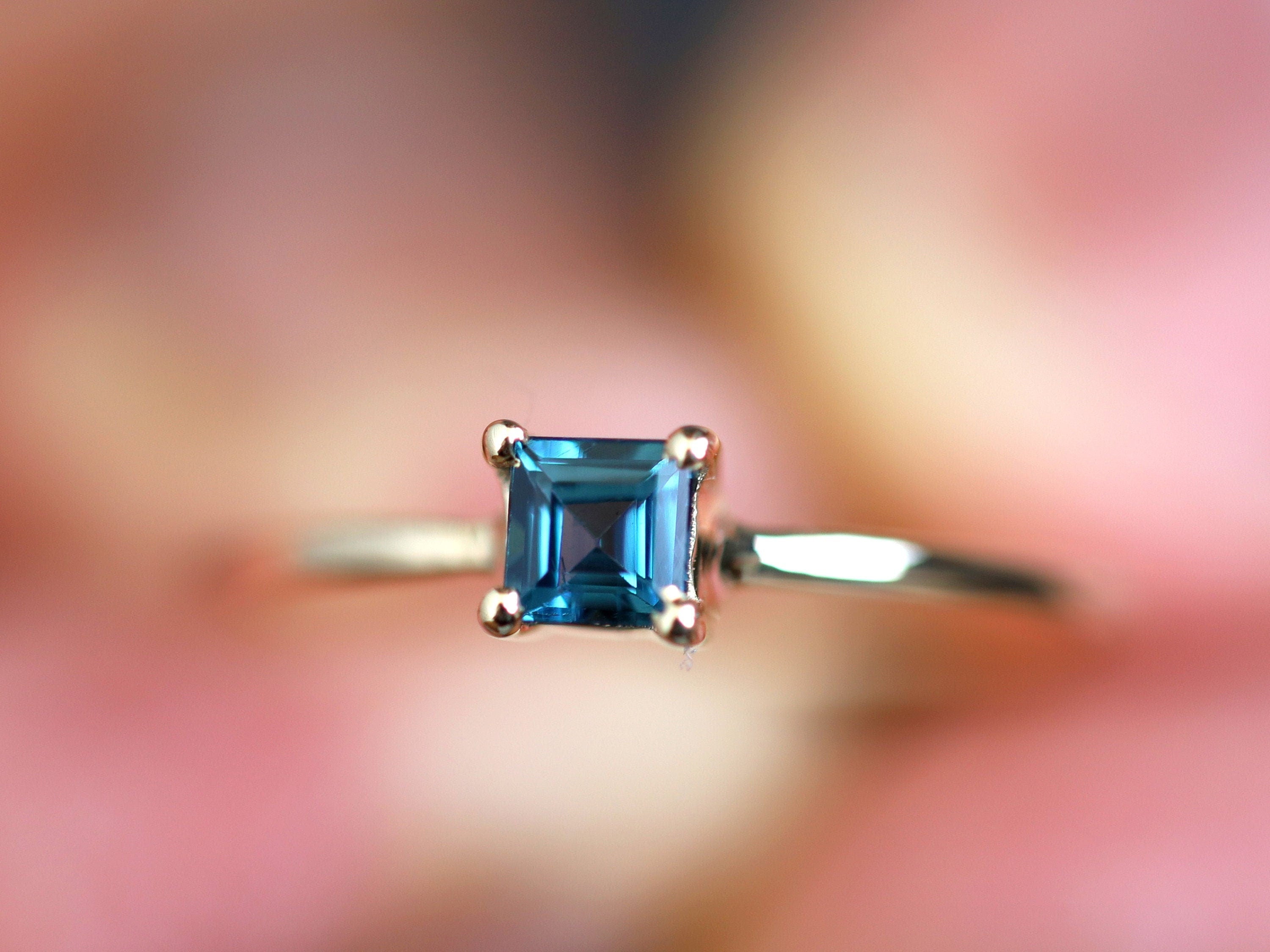 Teal Sapphire Stacking Ring | Princess Cut Teal Sapphire | Dainty Sapphire Ring -