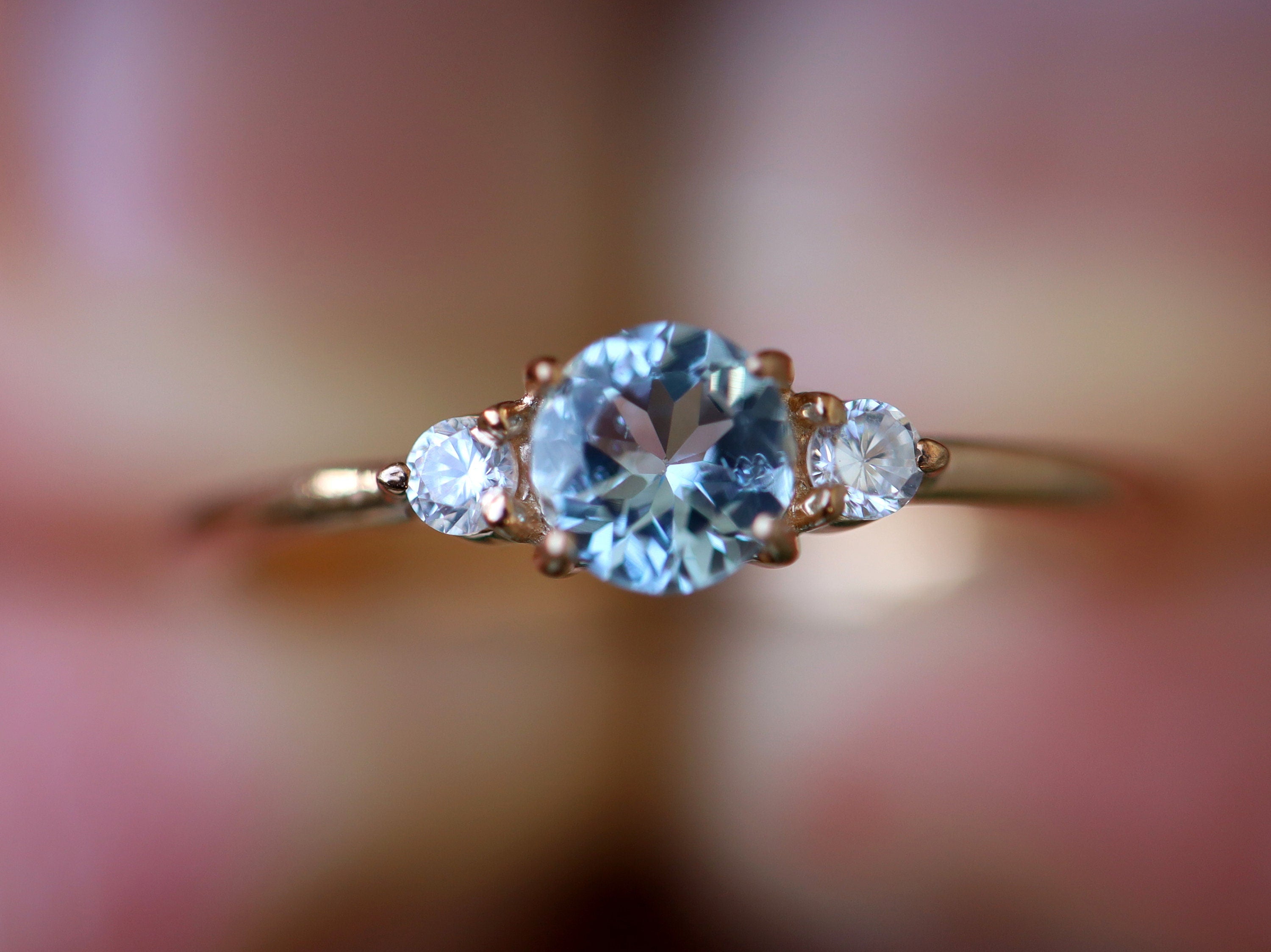 Aquamarine Engagement Ring | Three Stone Aquamarine & Diamond Stacking Ring | March Birthstone -
