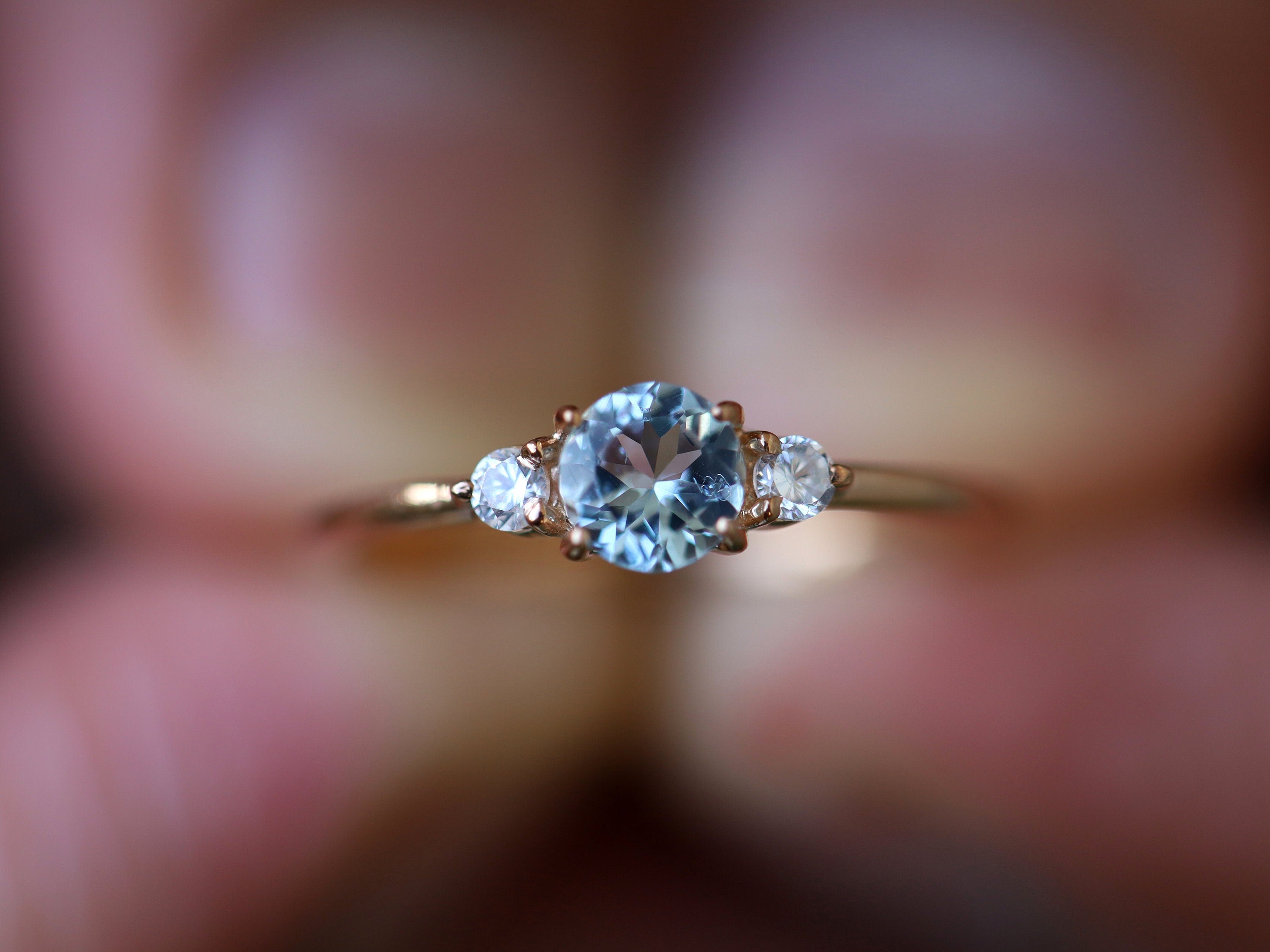 Aquamarine Engagement Ring | Three Stone Aquamarine & Diamond Stacking Ring | March Birthstone -