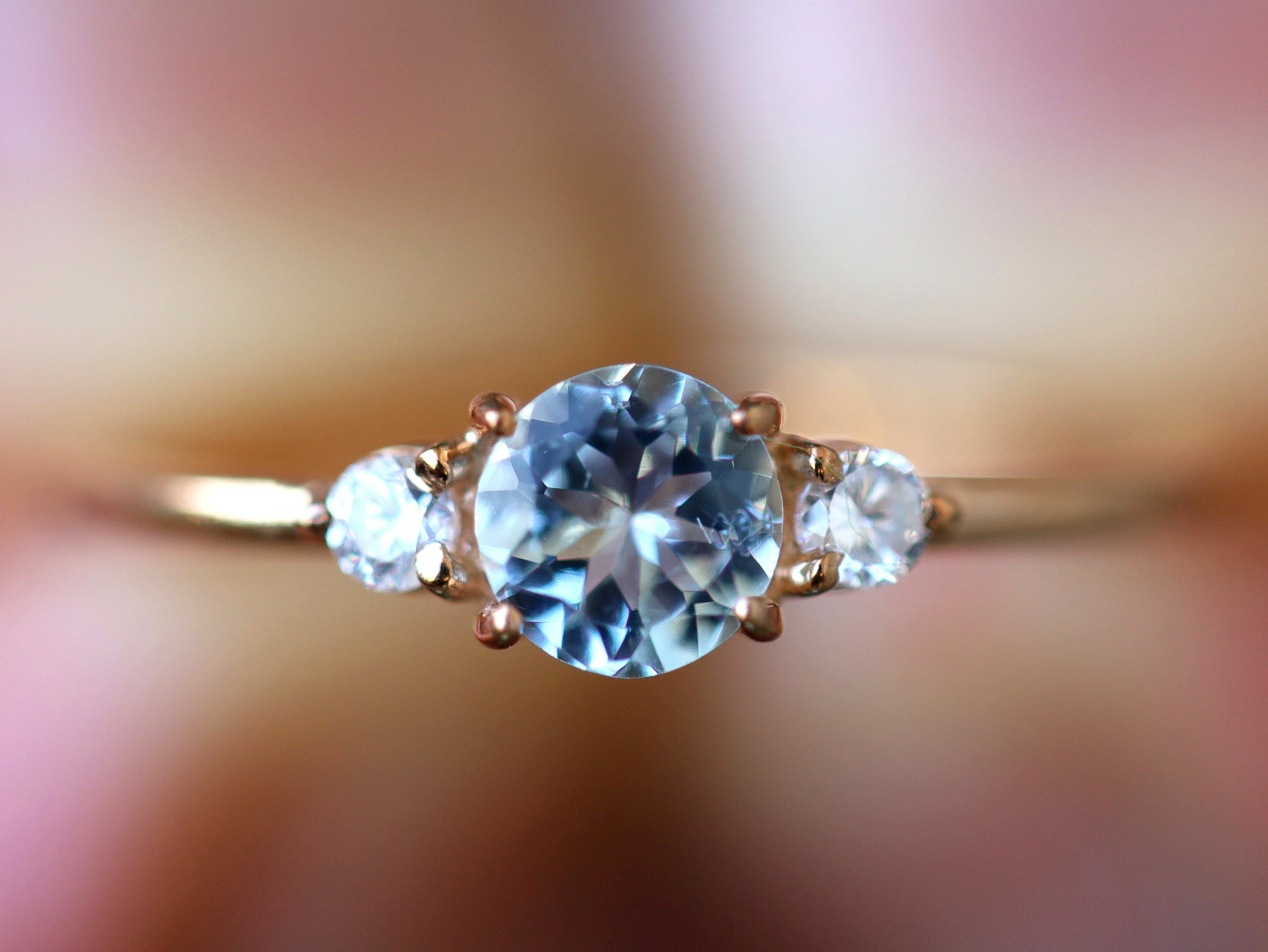 Aquamarine Engagement Ring | Three Stone Aquamarine & Diamond Stacking Ring | March Birthstone -