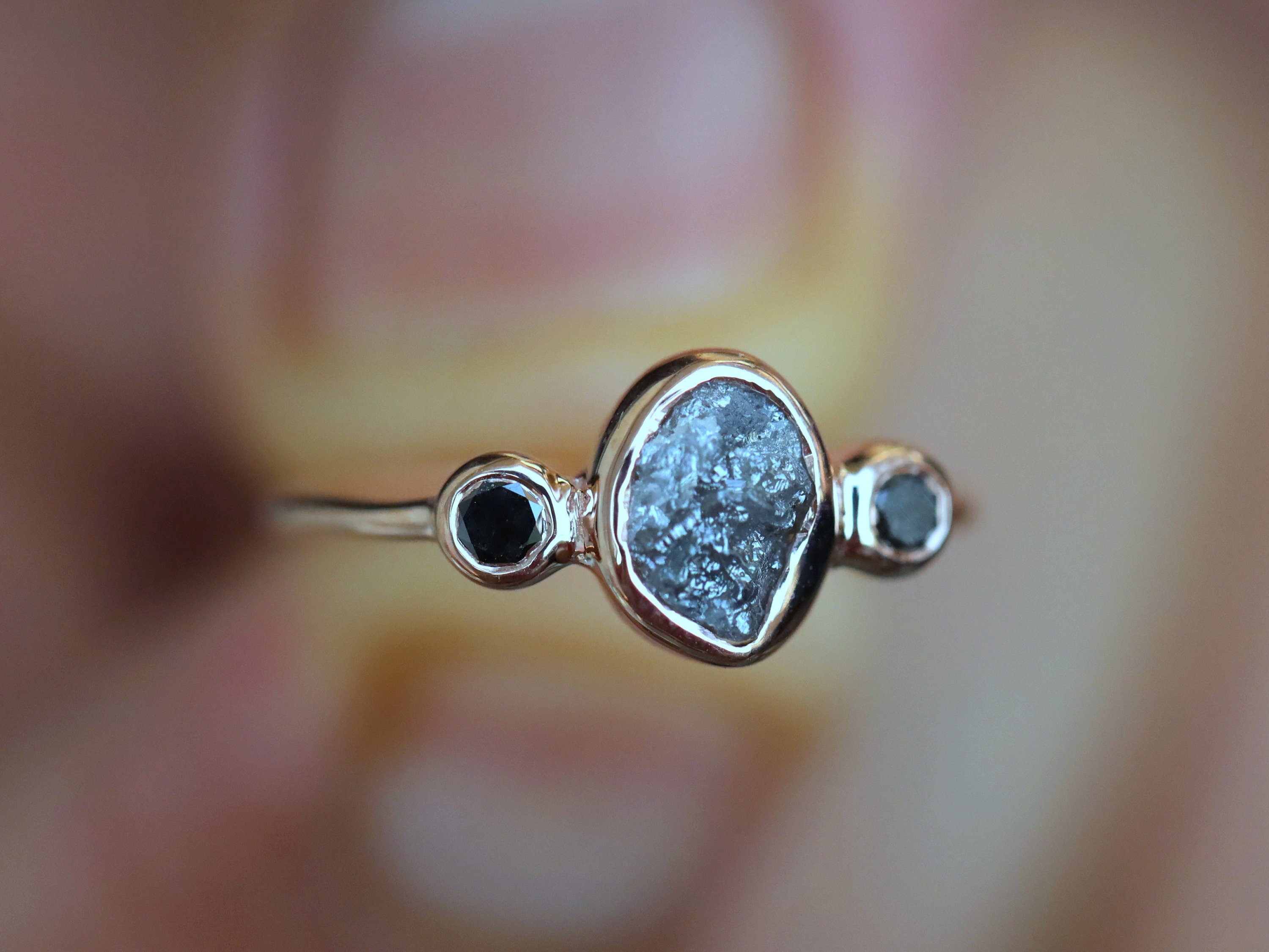 Rough Diamond Three-Stone Ring | Black Diamond Engagement Ring | 2-Carat Raw Stone Jewelry -