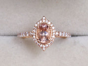 Morganite Engagement Ring | Halo Oval Morganite Ring | Morganite & Diamond Ring | Peach Morganite -