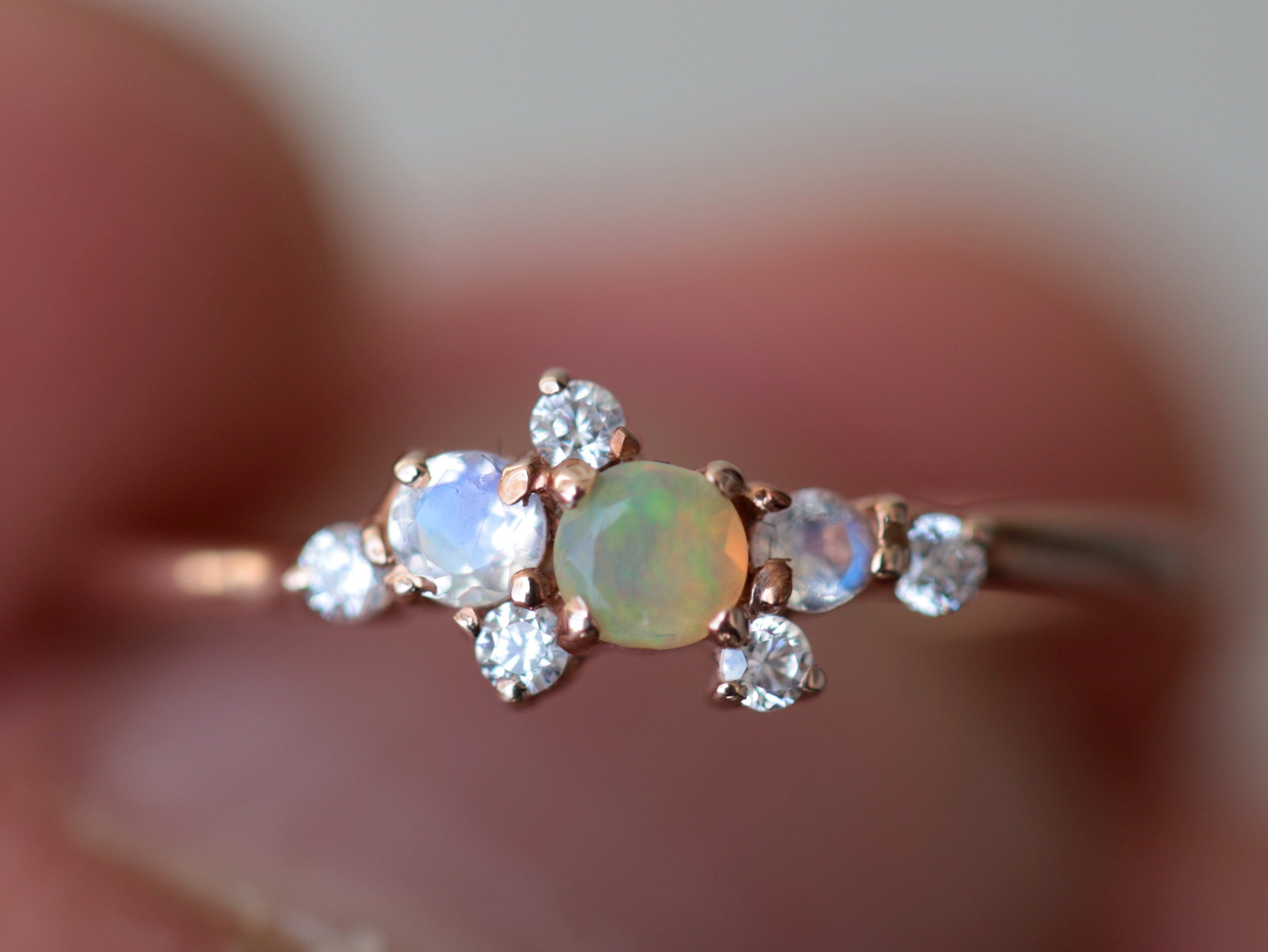 Opal Cluster Engagement Ring | Fire Opal & Moonstone Ring | Diamond Opal Cluster Ring -